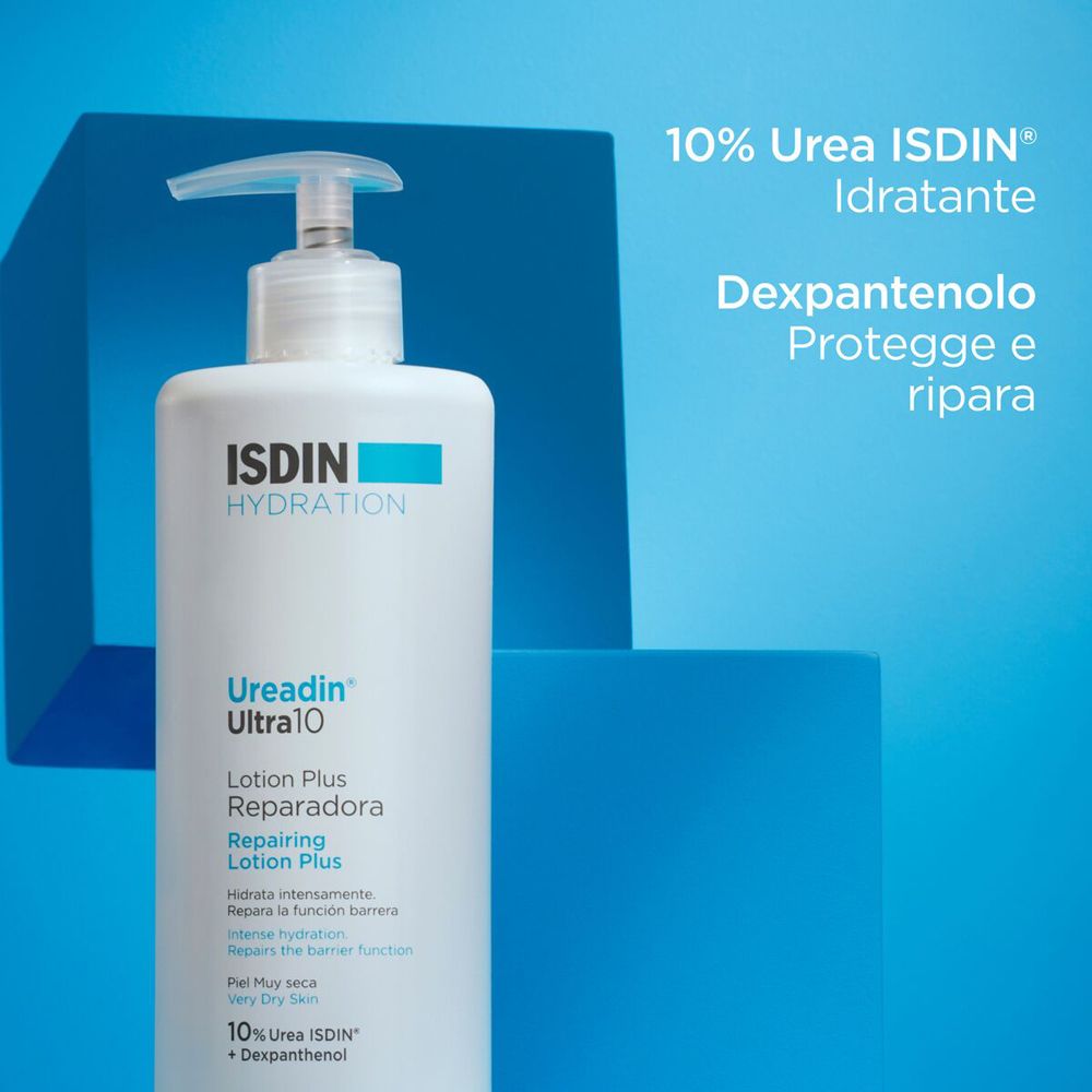 Flacon de lotion avec texte : 10% Urée ISDIN, Dexpanthénol. Formes géométriques bleues.