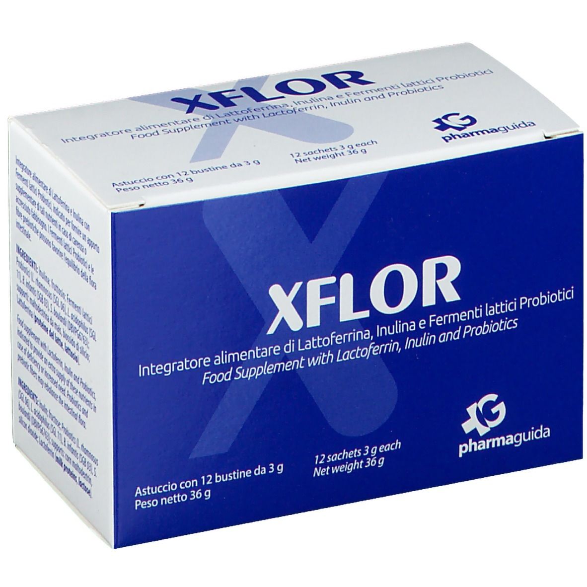 Xflor-Produktverpackung. Blaue Schachtel mit weißer Schrift. Enthält 12 Beutel.