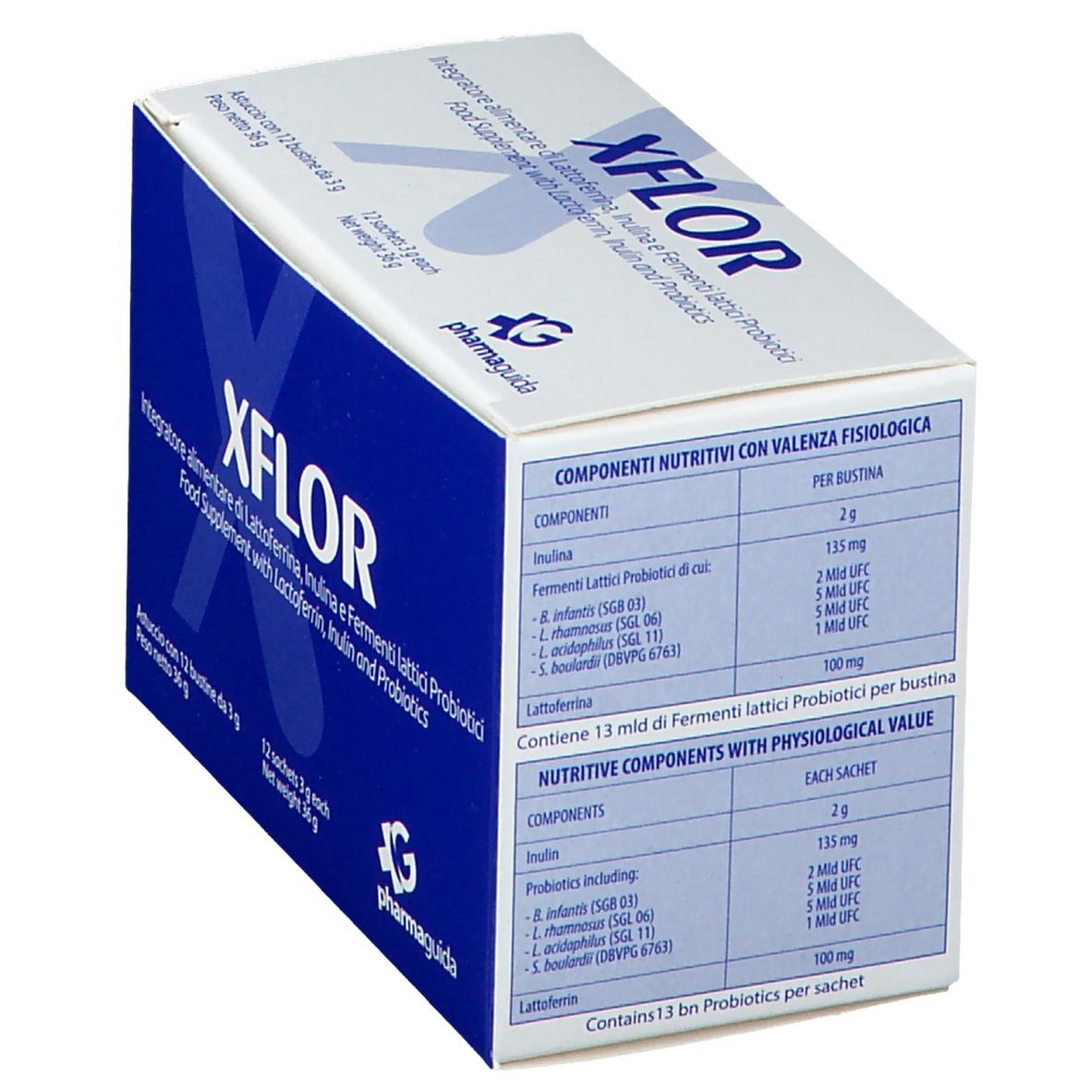 Xflor-Produktverpackung. Blaue Schachtel mit Inhaltsangaben. Enthält 12 Beutel.