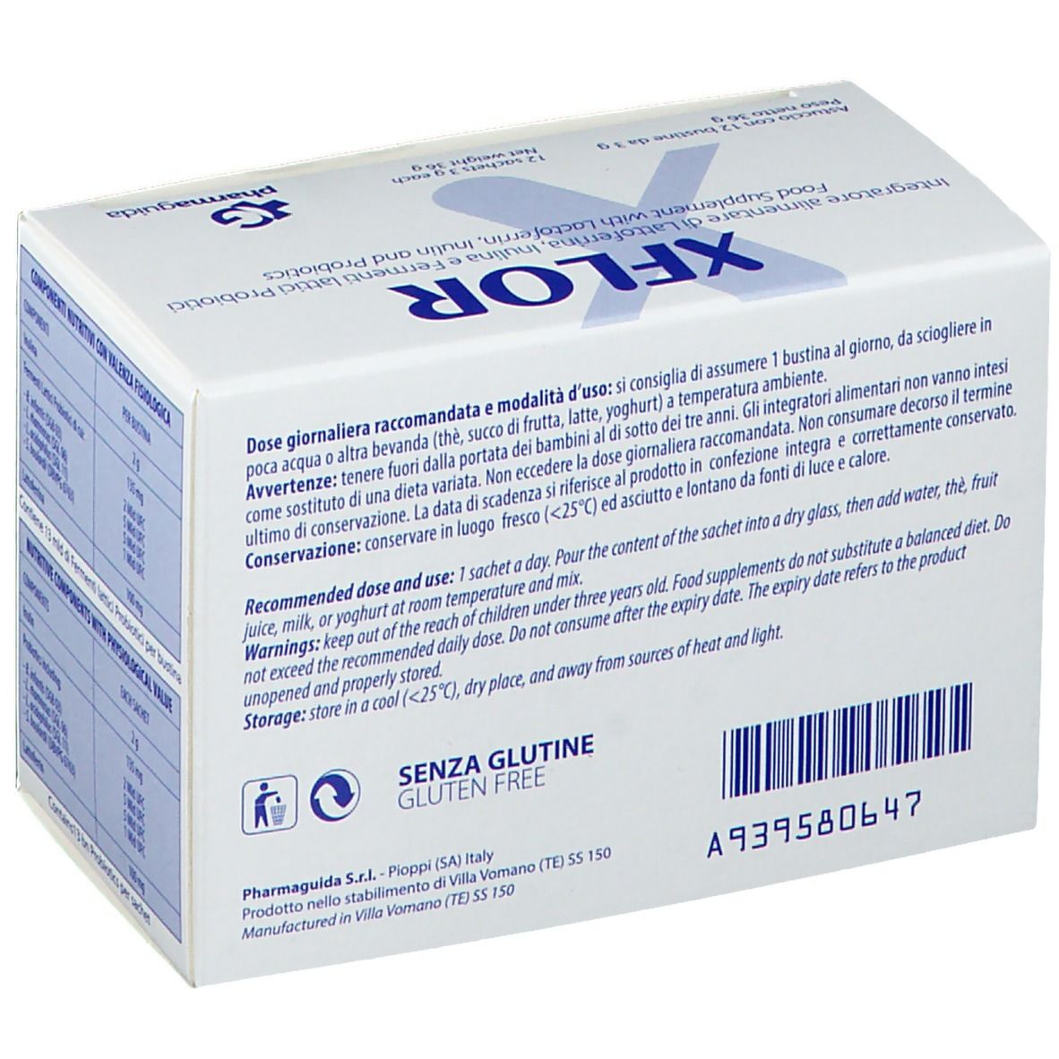 Xflor-Produktverpackung. Rückseite mit Gebrauchsanweisung und Warnhinweisen. Glutenfrei.