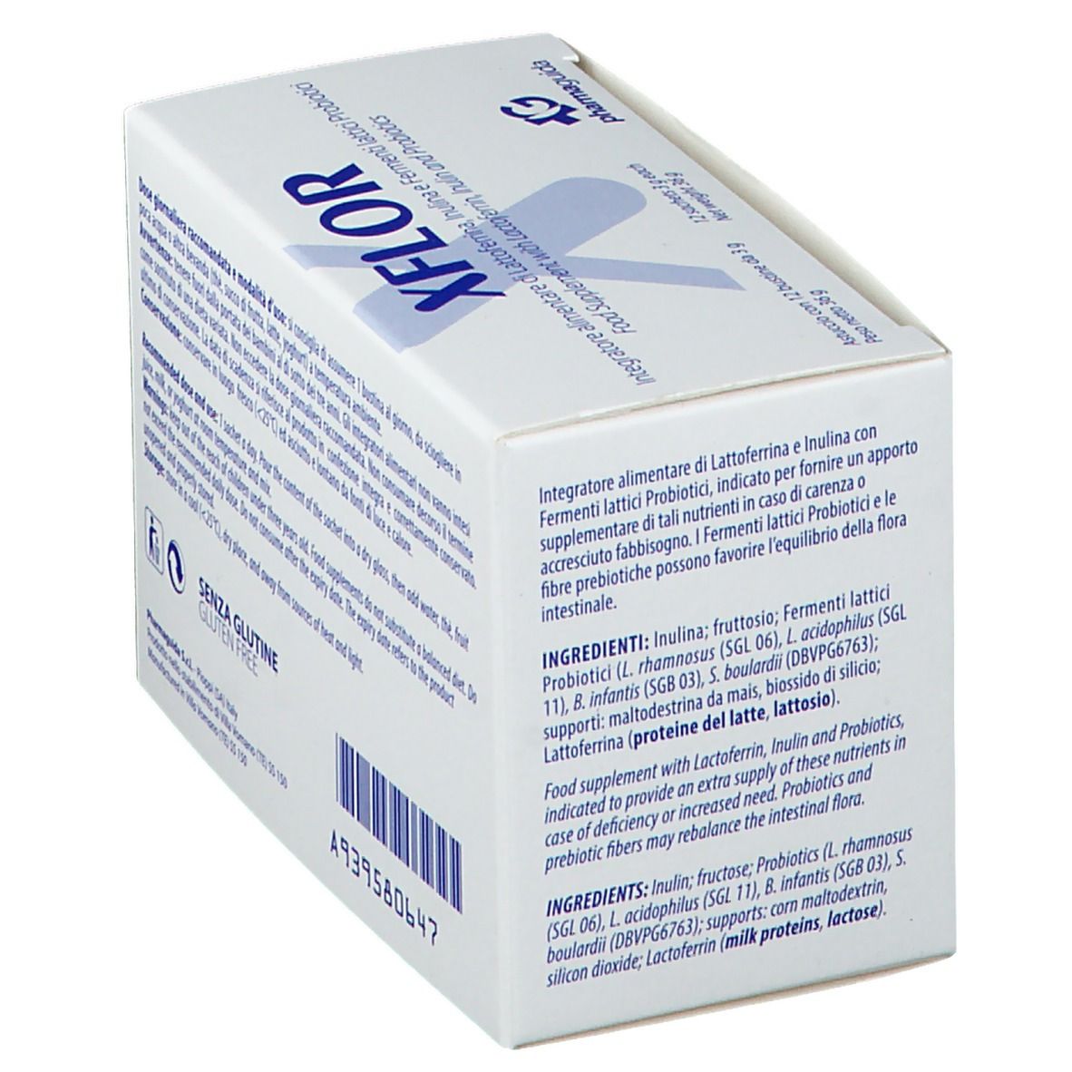 Xflor-Produktverpackung. Rückseite mit Inhaltsstoffen. Glutenfrei.