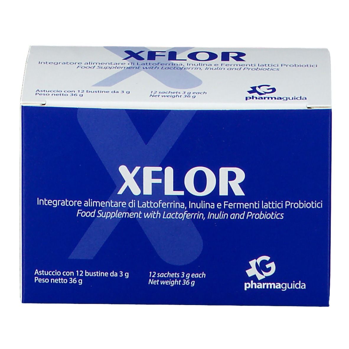 Xflor-Produktverpackung. Blaue Schachtel mit weißer Schrift. Enthält 12 Beutel.