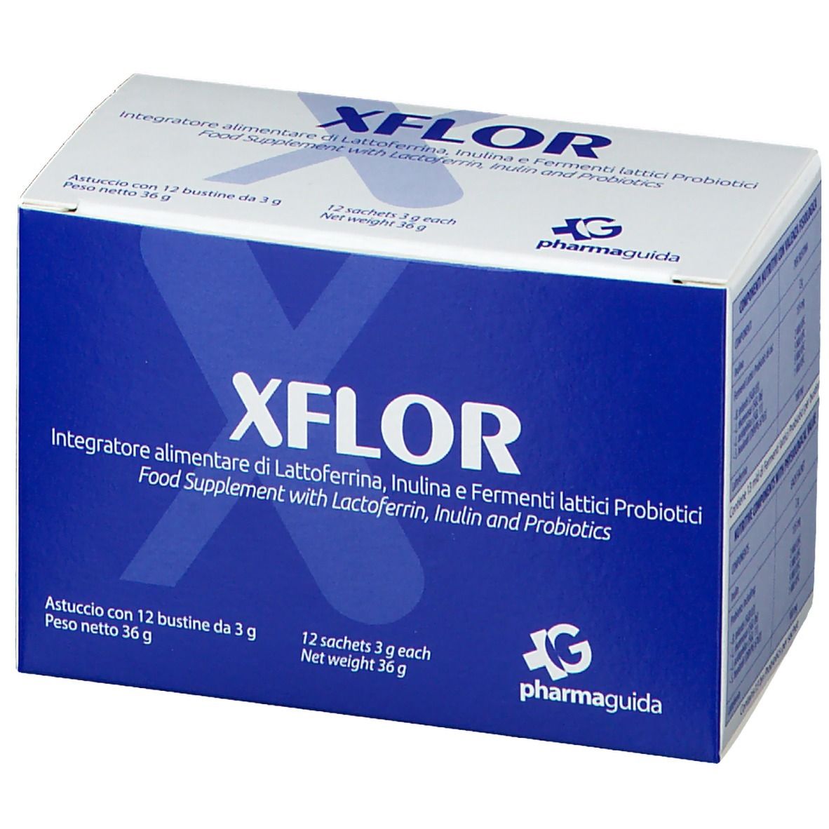 Xflor-Produktverpackung. Blaue Schachtel mit weißer Schrift. Enthält 12 Beutel.