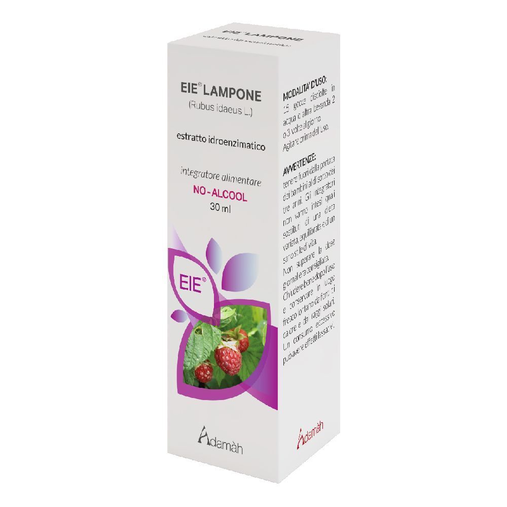 Boîte avec impression du produit. Impression : EIE Lampone, framboise, 30 ml, logo.