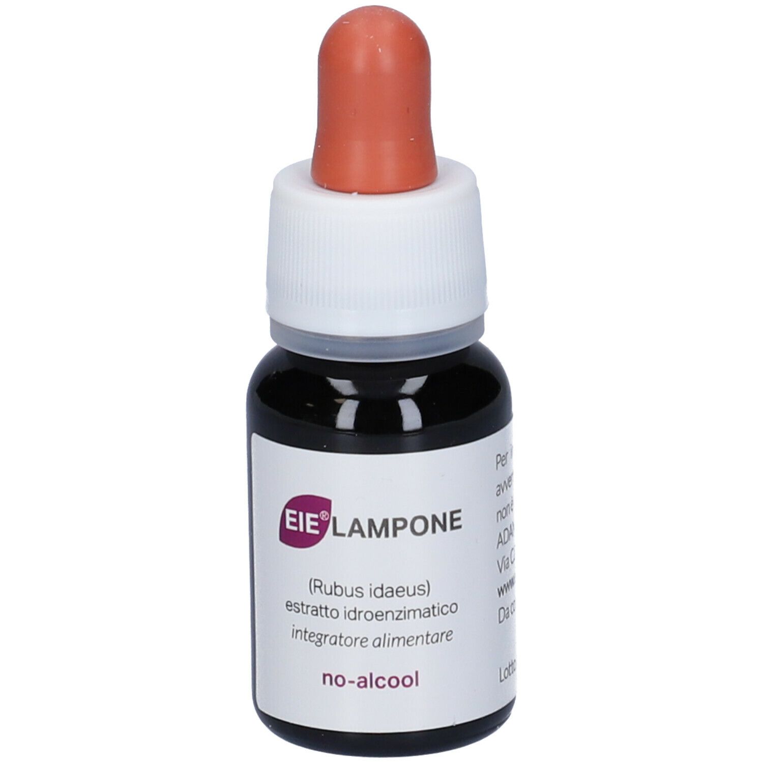 Liquide brun dans un petit flacon en verre avec compte-gouttes. Inscription : EIE Lampone, no-alcool.