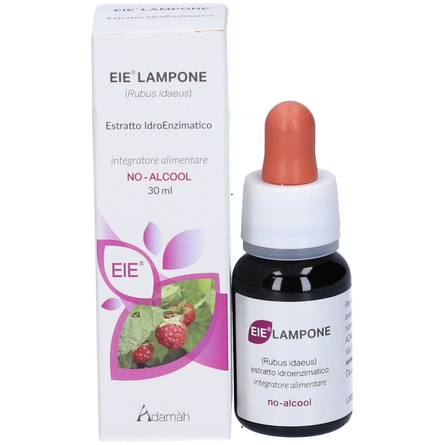 Boîte et flacon avec compte-gouttes. Impression : EIE Lampone, framboise, 30 ml, logo. Flacon avec liquide brun.