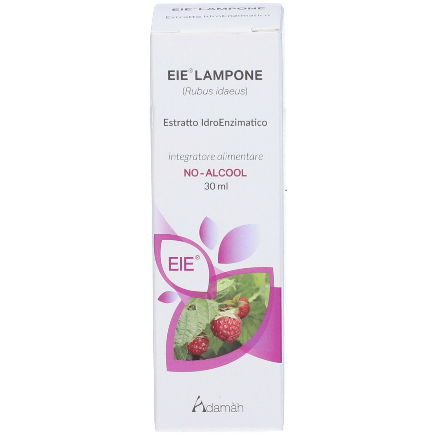 Boîte avec impression du produit. Impression : EIE Lampone, framboise, 30 ml, logo.