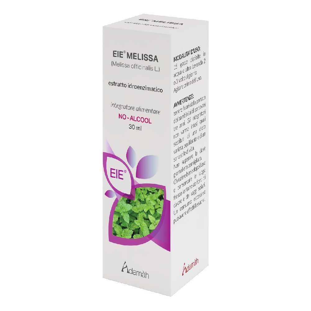 Boîte blanche avec informations produit. Inscription : EIE Melissa, 30 ml, SANS ALCOOL. Illustration de menthe.