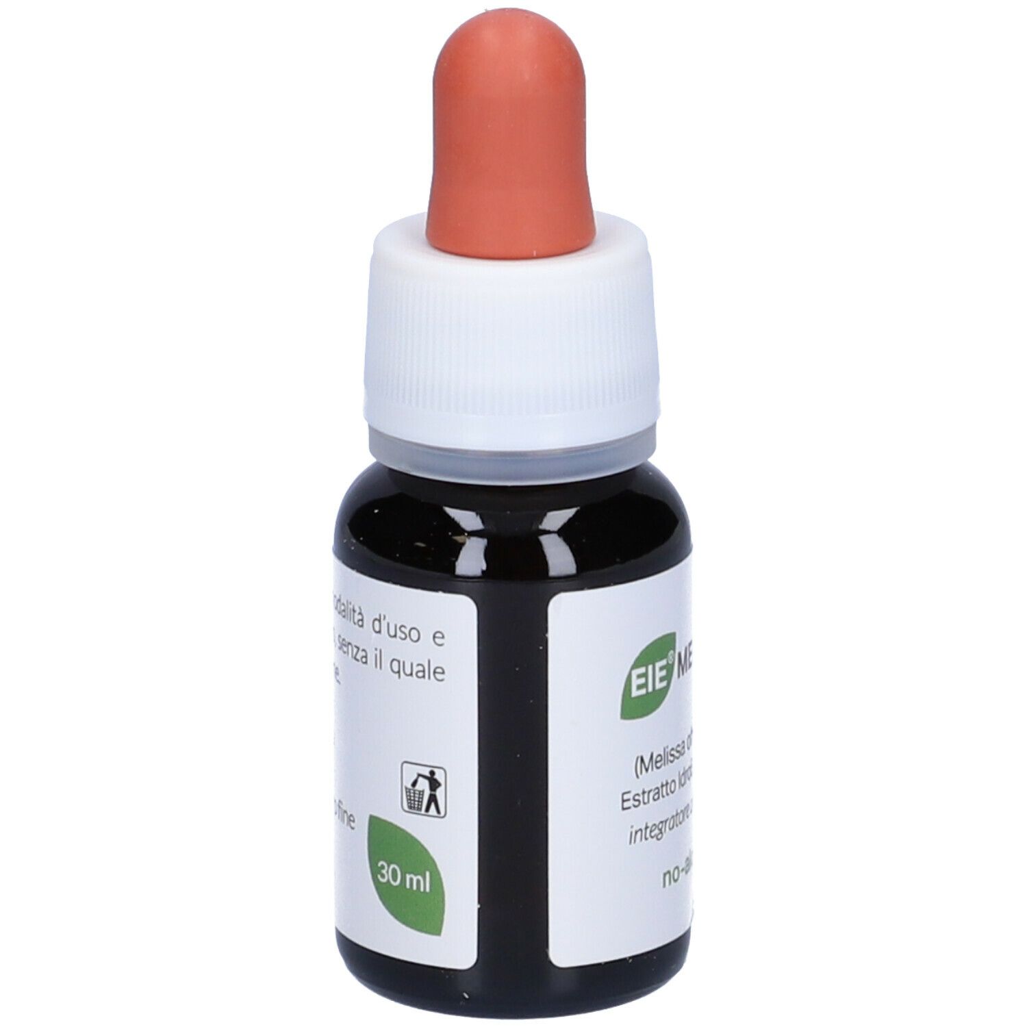 Flacon en verre brun avec compte-gouttes. Inscription : EIE Melissa, 30 ml, sans alcool. Embout rouge.