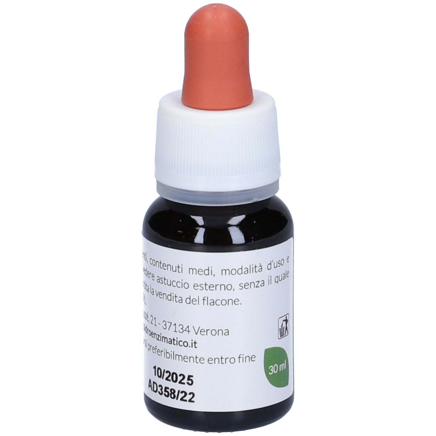 Flacon en verre brun avec compte-gouttes. Inscription : EIE Melissa, 30 ml, sans alcool. Embout rouge.