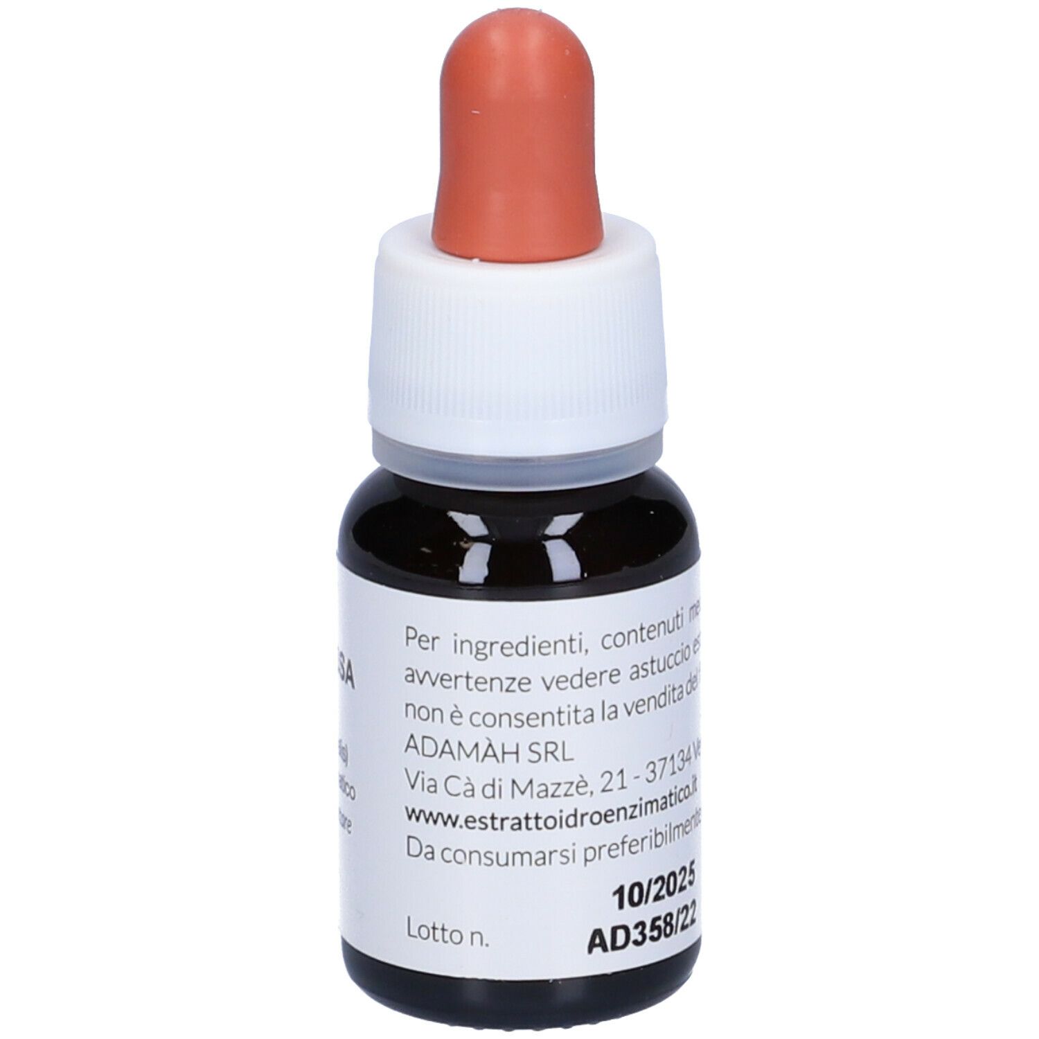 Flacon en verre brun avec compte-gouttes. Inscription : EIE Melissa, 30 ml, sans alcool. Embout rouge.
