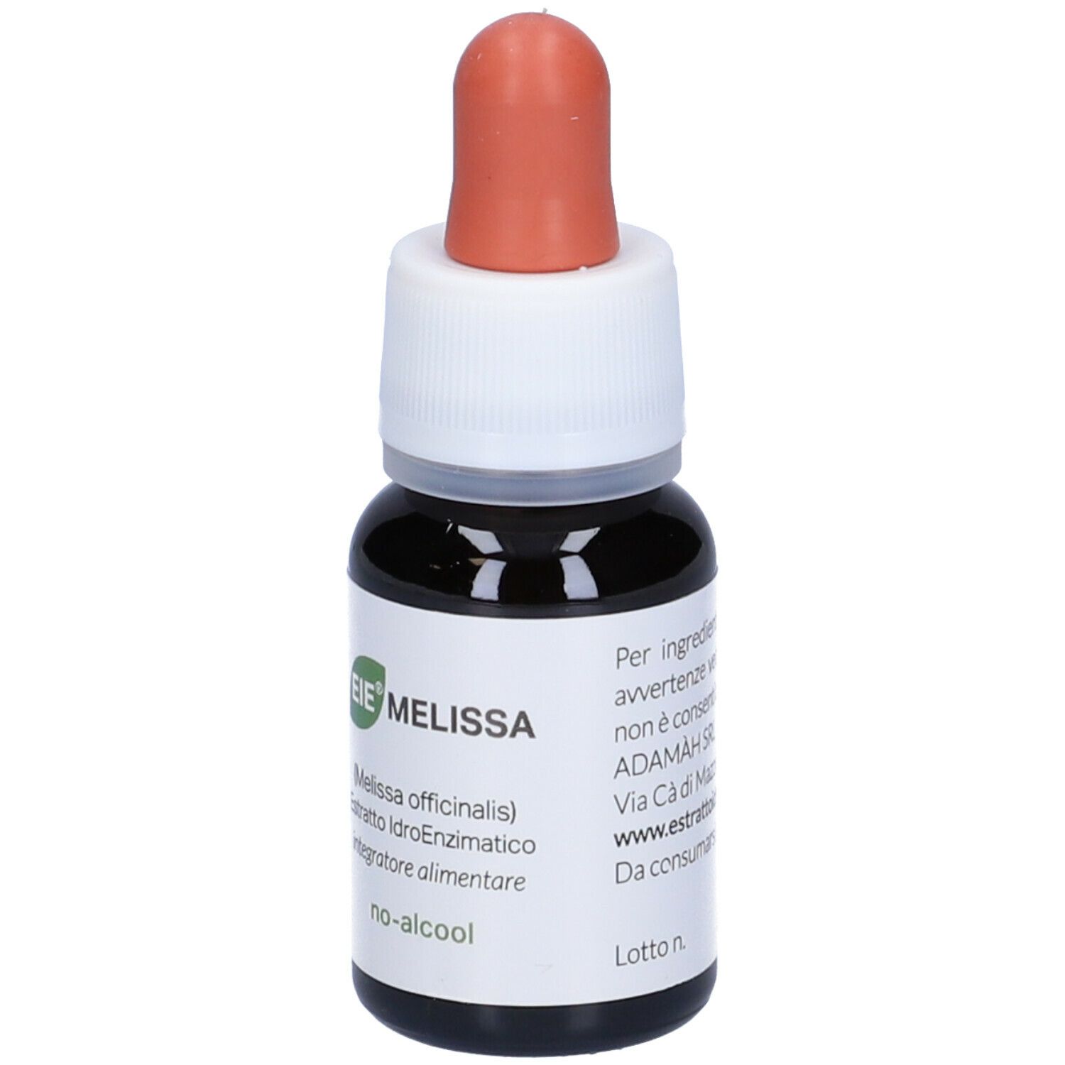 Flacon en verre brun avec compte-gouttes. Inscription : EIE Melissa, 30 ml, sans alcool. Embout rouge.