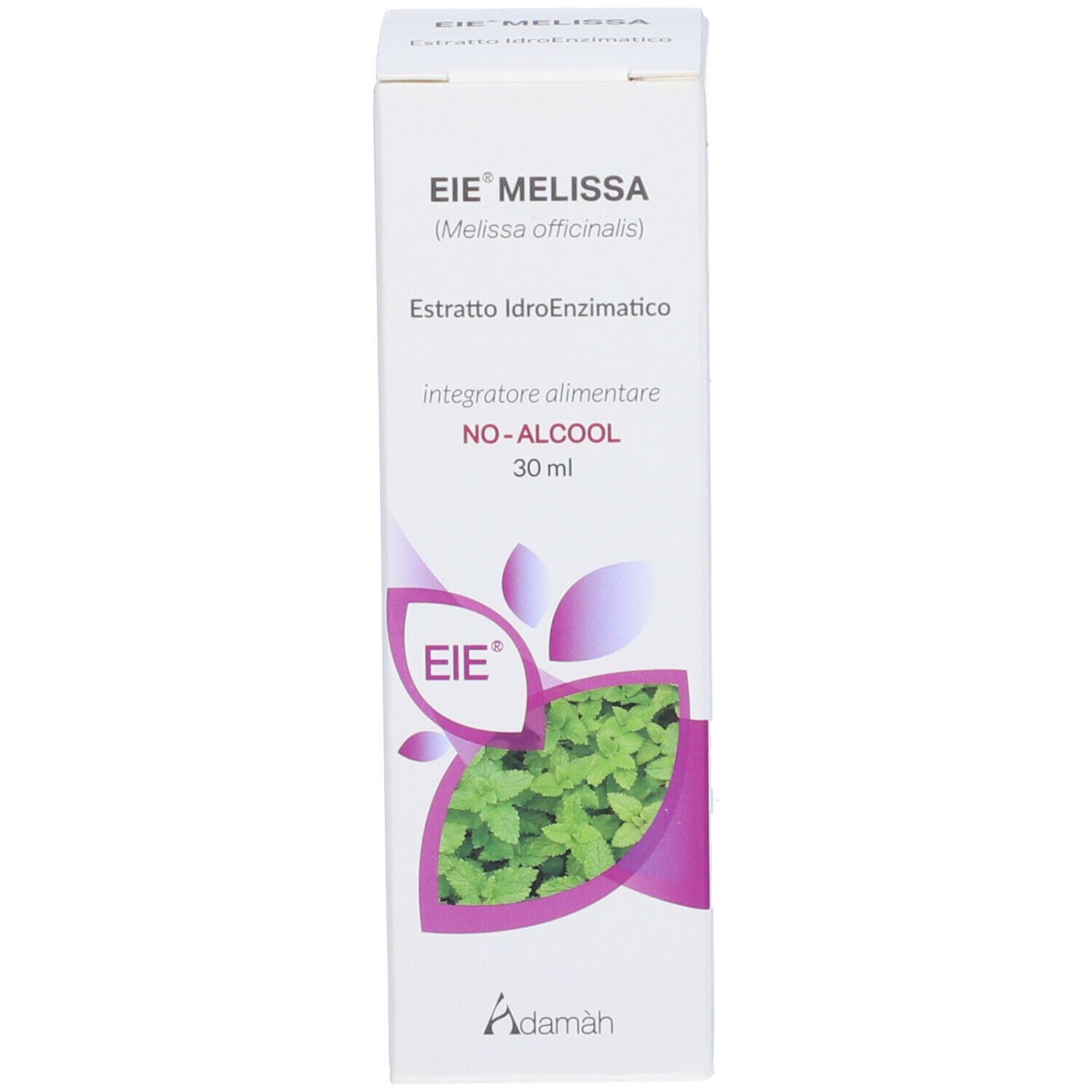 Boîte blanche avec informations produit. Inscription : EIE Melissa, 30 ml, SANS ALCOOL. Illustration de menthe.