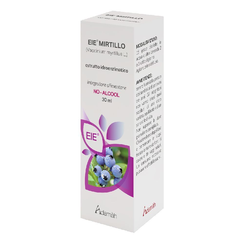 Boîte avec informations produit et illustration de myrtilles. Inscription : EIE Mirtillo, 30 ml.