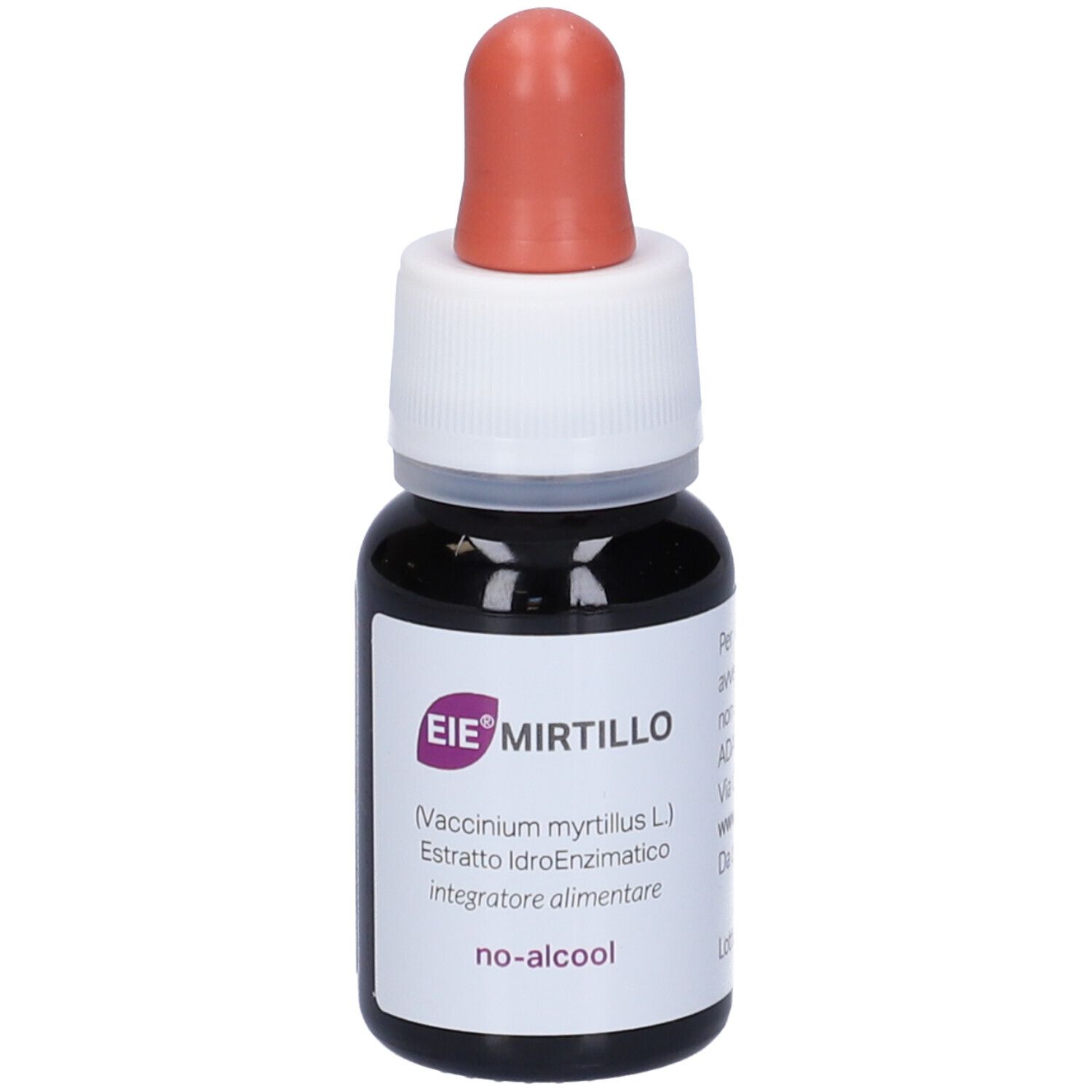 Flacon en verre brun avec compte-gouttes. Inscription : EIE Mirtillo, extrait, no-alcool.