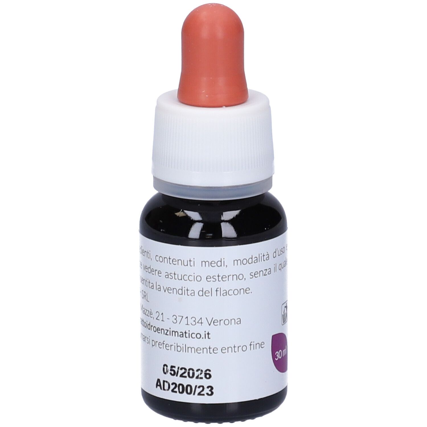 Flacon en verre brun avec compte-gouttes. Inscription : EIE Mirtillo, 30 ml, et date de péremption.