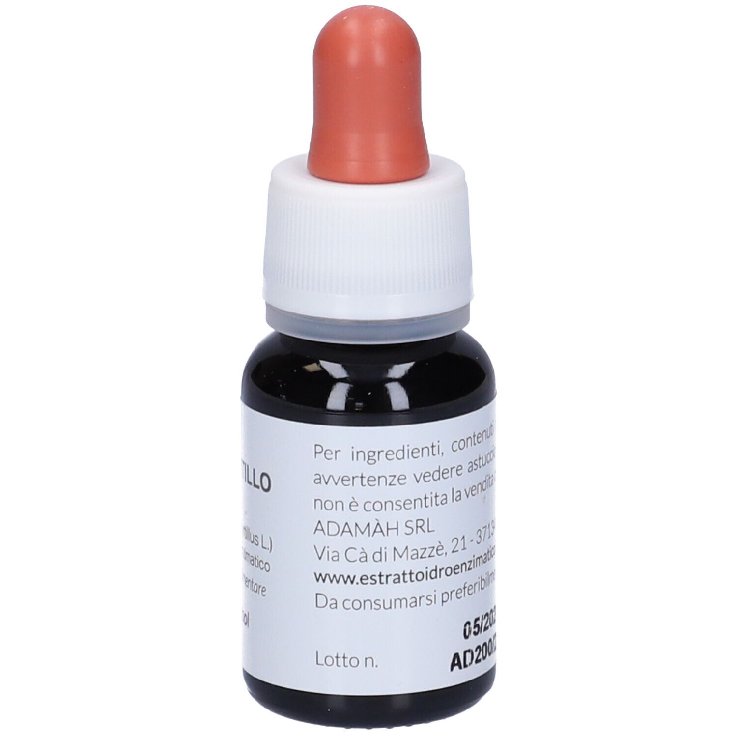 Flacon en verre brun avec compte-gouttes. Inscription : EIE Mirtillo, 30 ml, et adresse du fabricant.