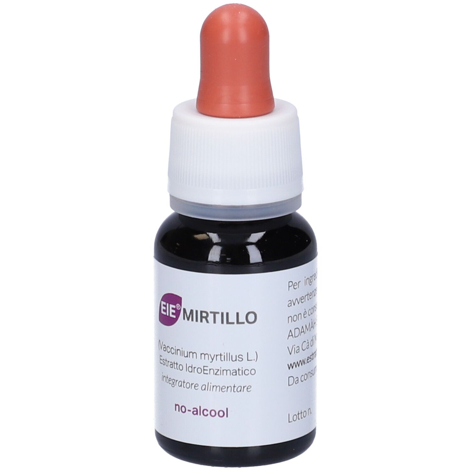 Flacon en verre brun avec compte-gouttes. Inscription : EIE Mirtillo, extrait, no-alcool.