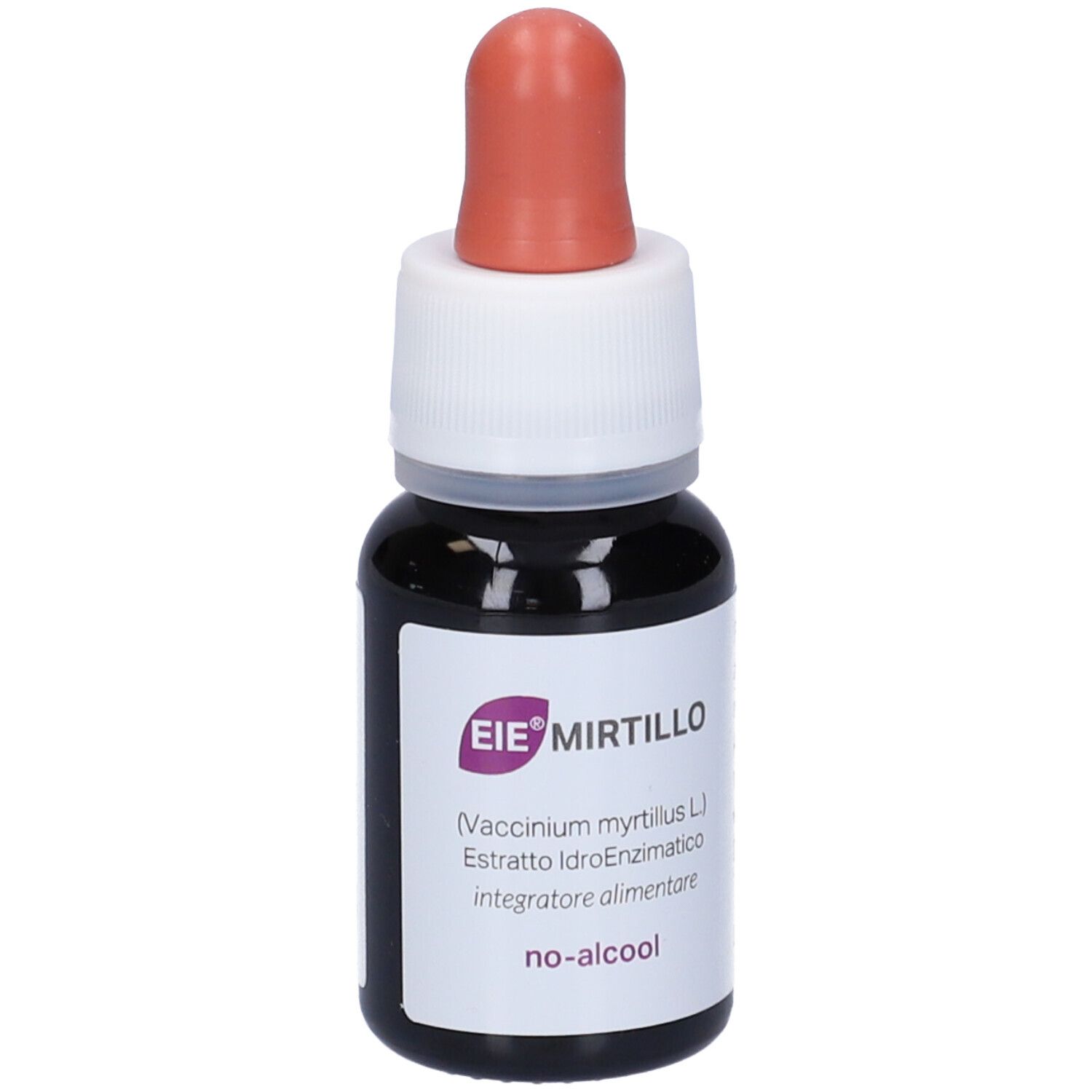 Flacon en verre brun avec compte-gouttes. Inscription : EIE Mirtillo, extrait, no-alcool.