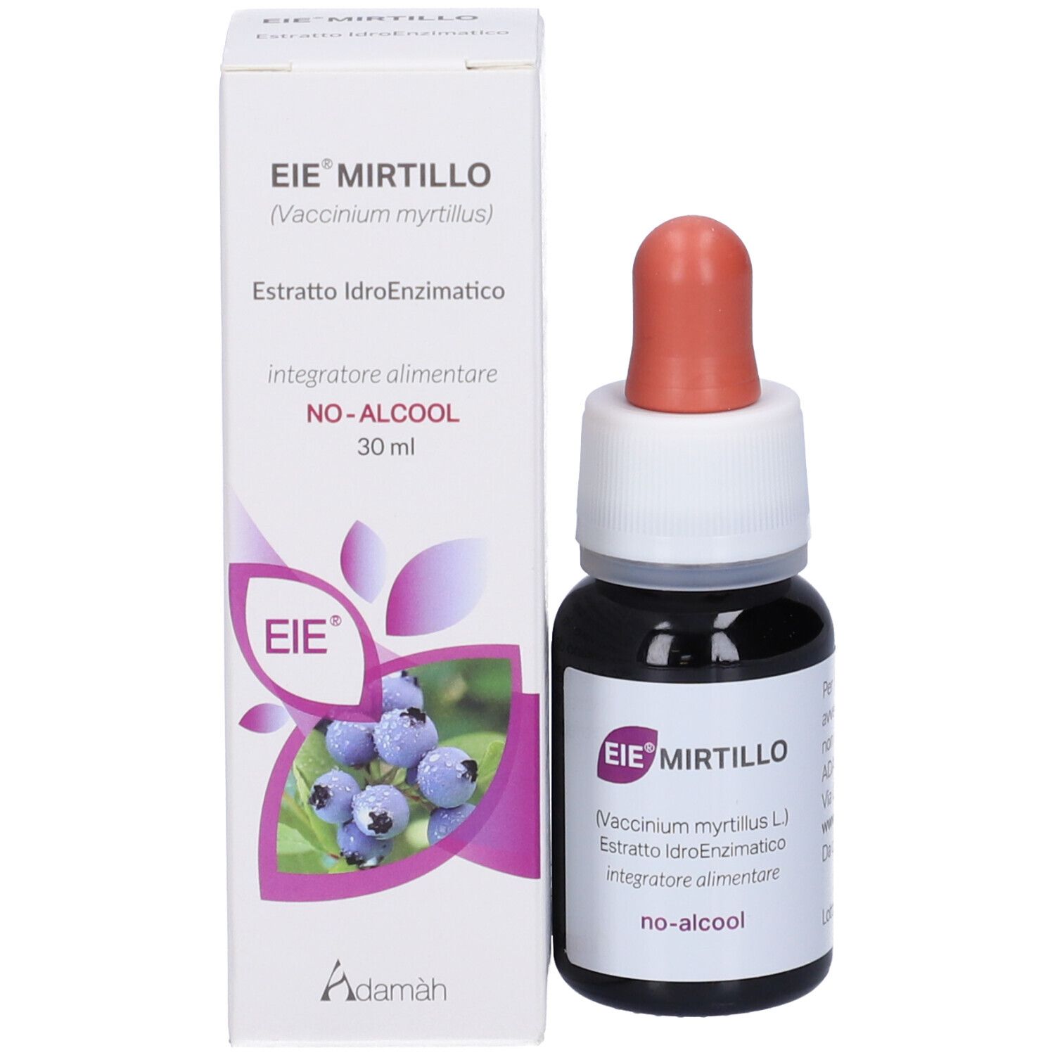Emballage du produit et flacon avec compte-gouttes. Inscription : EIE Mirtillo, 30 ml, extrait.