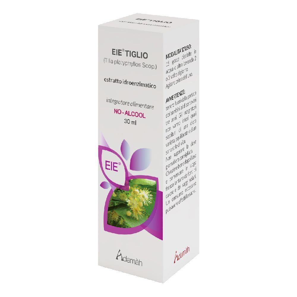 Weißer Karton mit Produktinformationen und Logo. Aufdruck: EIE TIGLIO, NO-ALCOOL, 30 ml. Adamàh Logo.