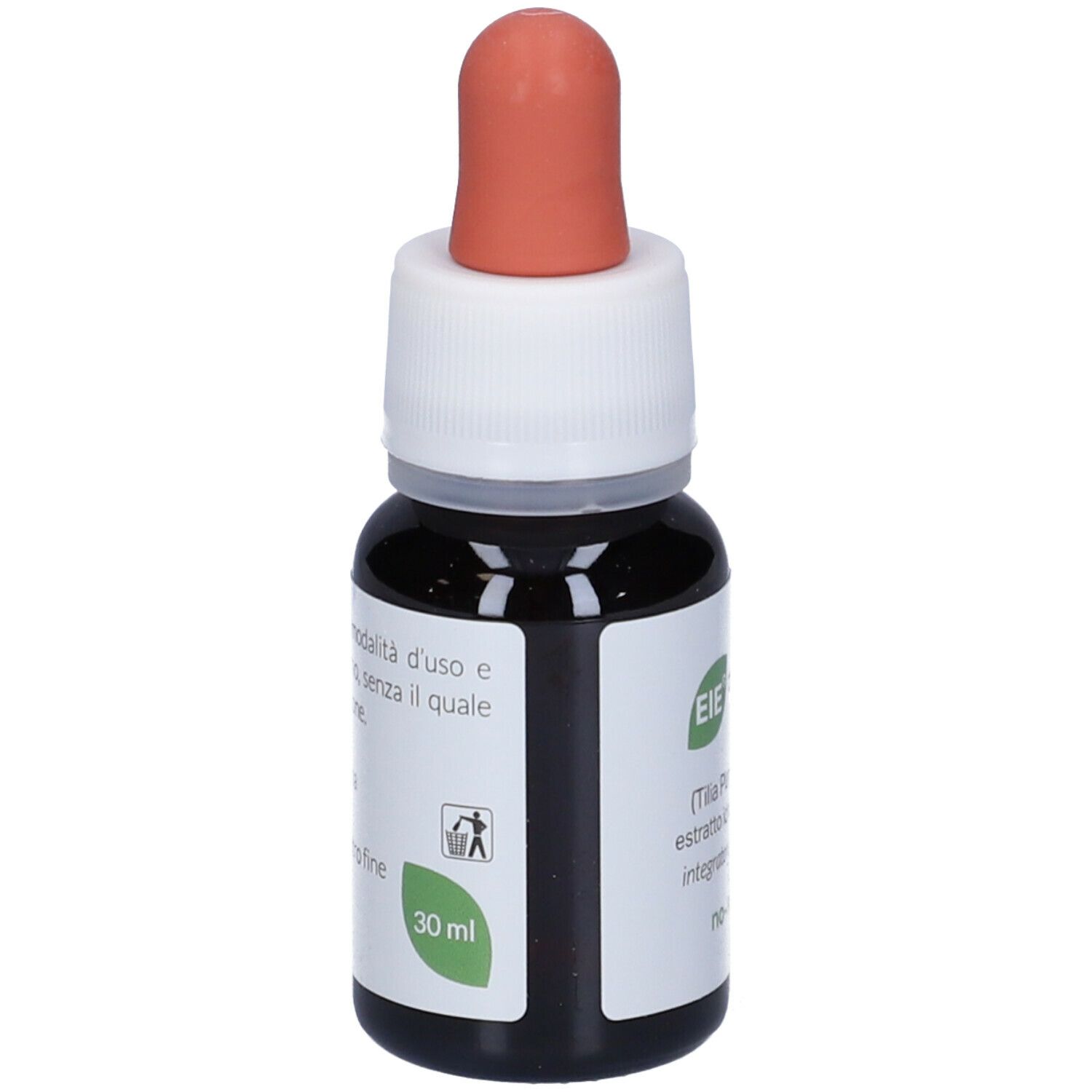 Braune Glasflasche mit Tropfer. Aufschrift: EIE TIGLIO, 30 ml. Roter Gummiaufsatz.