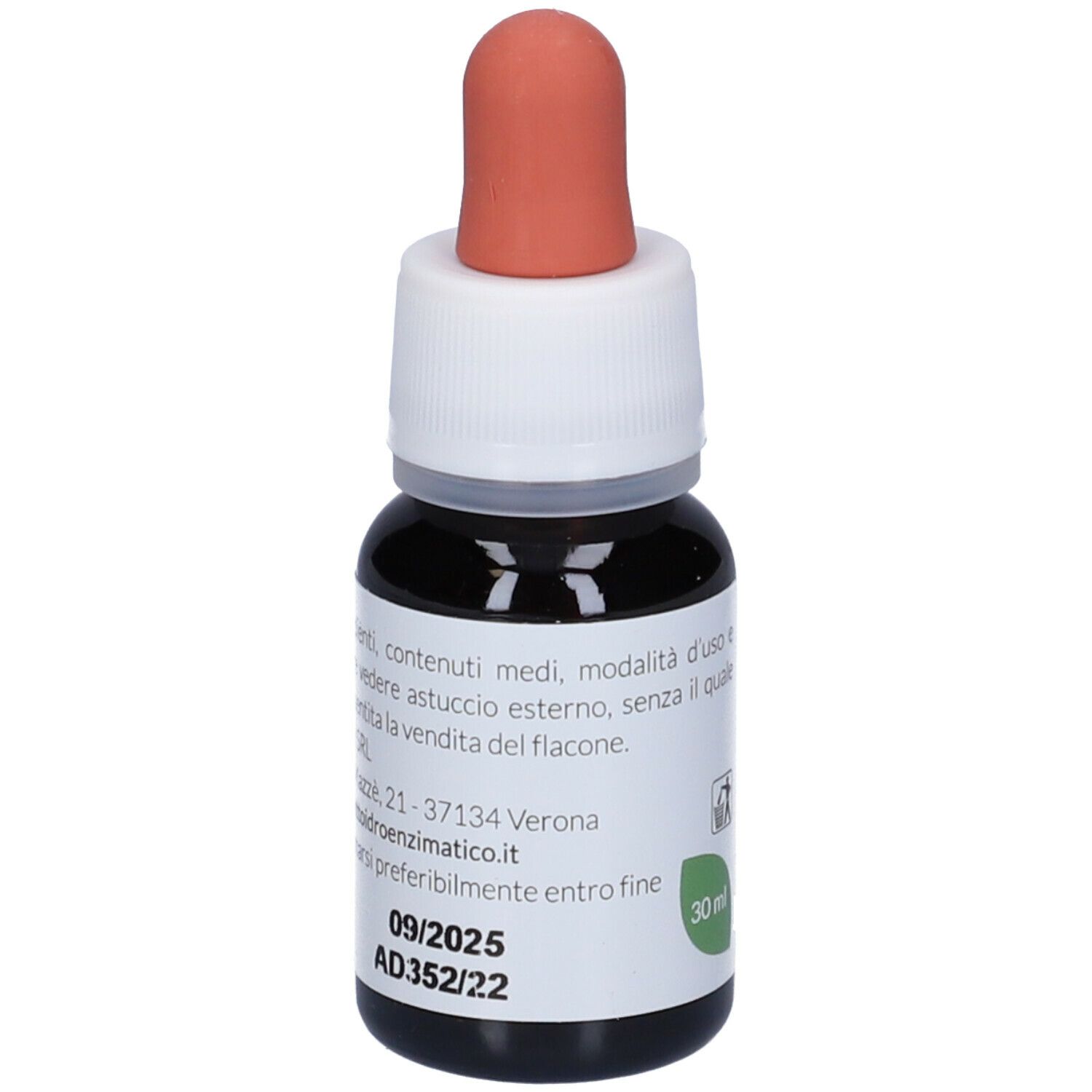 Braune Glasflasche mit Tropfer. Aufschrift: EIE TIGLIO, 30 ml. Roter Gummiaufsatz. Datumsangabe 09/2025.