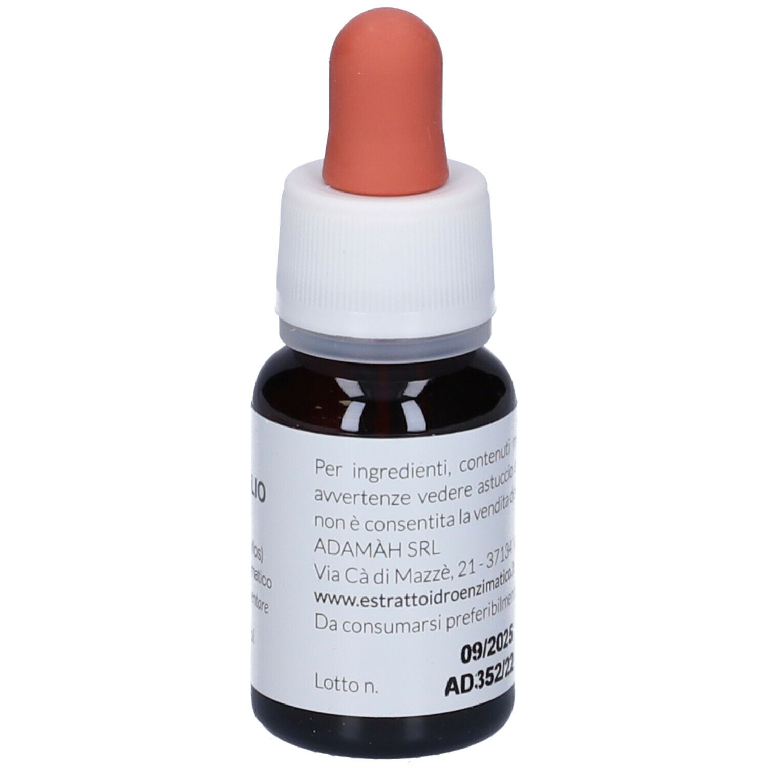 Braune Glasflasche mit Tropfer. Aufschrift: EIE TIGLIO, 30 ml. Roter Gummiaufsatz. Herstellerinformationen.
