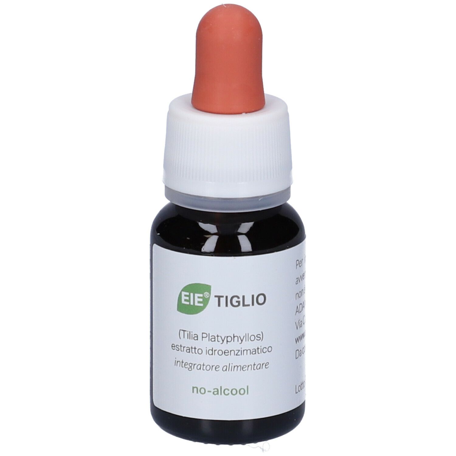 Braune Glasflasche mit Tropfer. Aufschrift: EIE TIGLIO, 30 ml. Roter Gummiaufsatz. Produktinformationen.