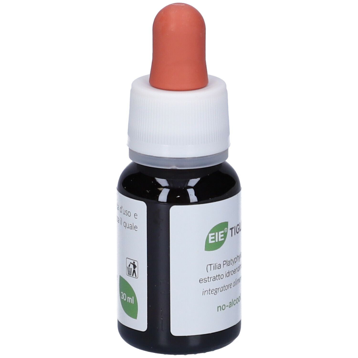 Braune Glasflasche mit Tropfer. Aufschrift: EIE TIGLIO, 30 ml. Roter Gummiaufsatz. Produktinformationen.
