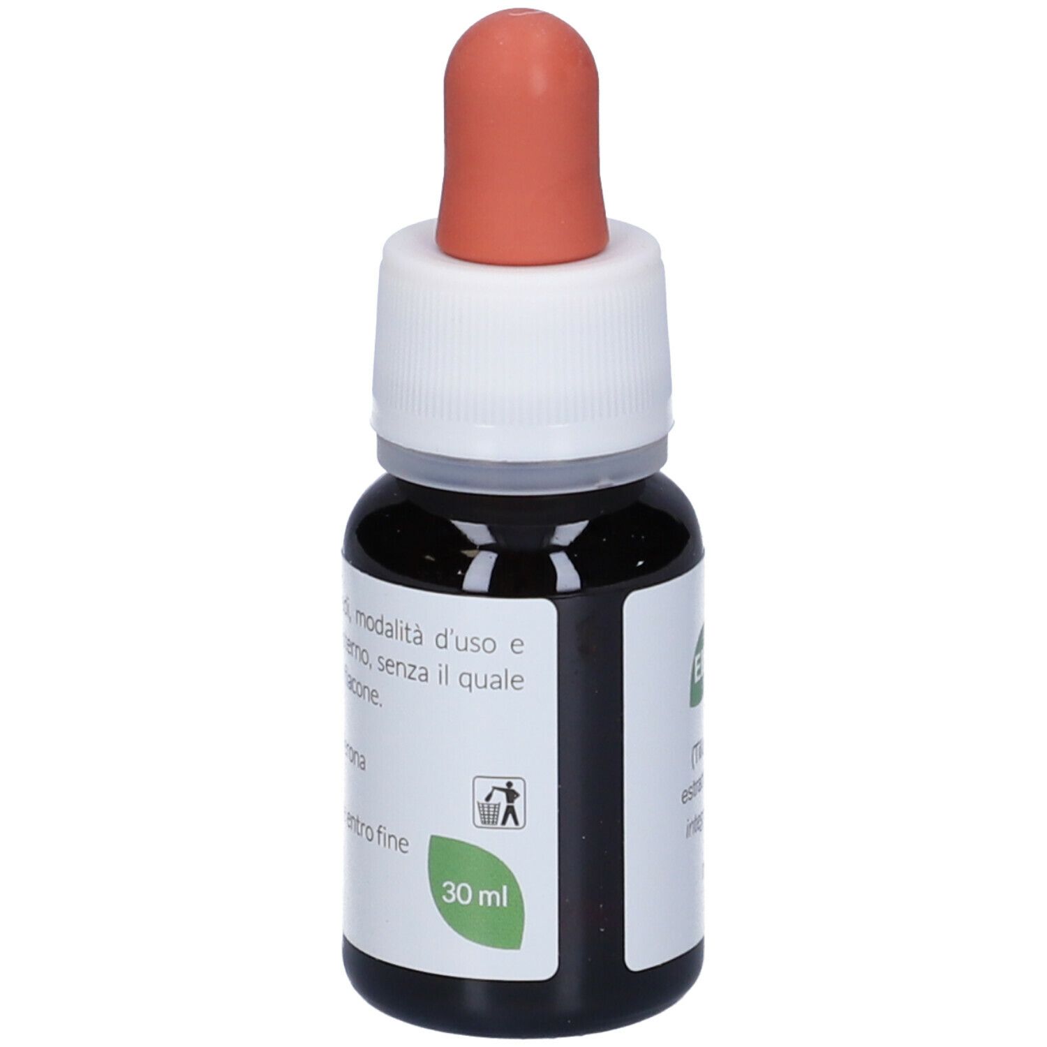 Braune Glasflasche mit Tropfer. Aufschrift: EIE TIGLIO, 30 ml. Roter Gummiaufsatz. Produktinformationen.