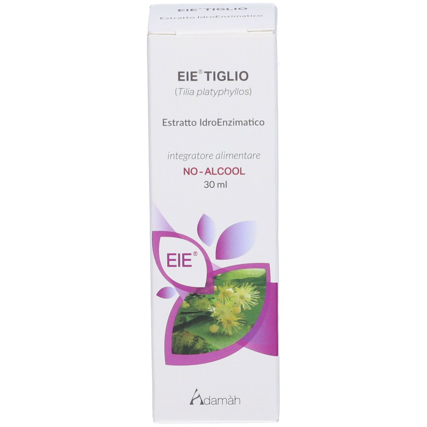Weißer Karton mit Produktinformationen und Logo. Aufdruck: EIE TIGLIO, NO-ALCOOL, 30 ml. Adamàh Logo.