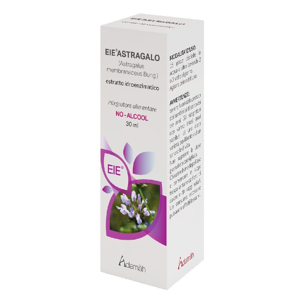 Boîte blanche avec impression du produit. Impression: EIE Astragalo, 30 ml, SANS ALCOOL. Illustration d'une fleur.