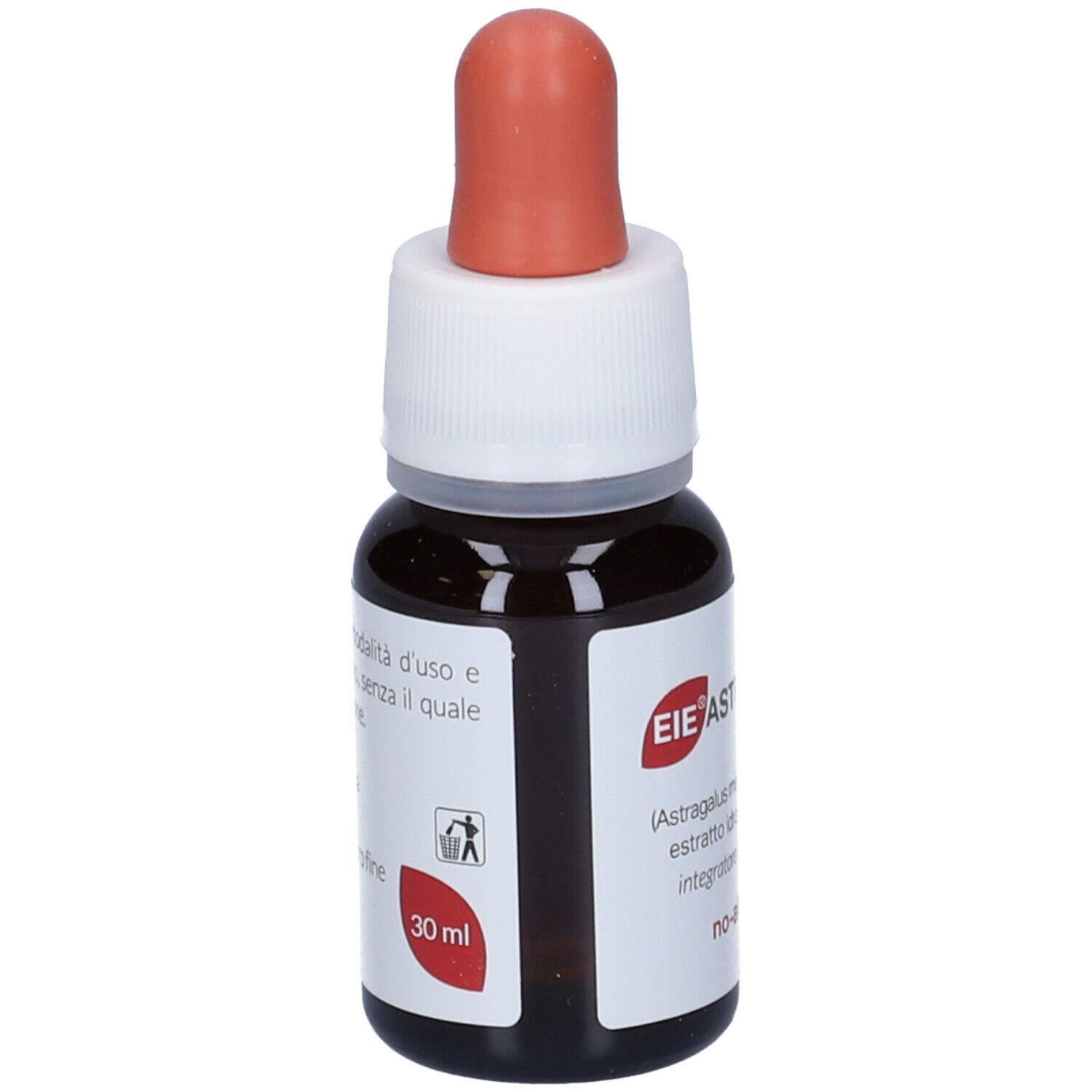 Flacon en verre brun avec compte-gouttes. Inscription: EIE Astragalo, 30 ml, SANS ALCOOL. Embout compte-gouttes rouge.