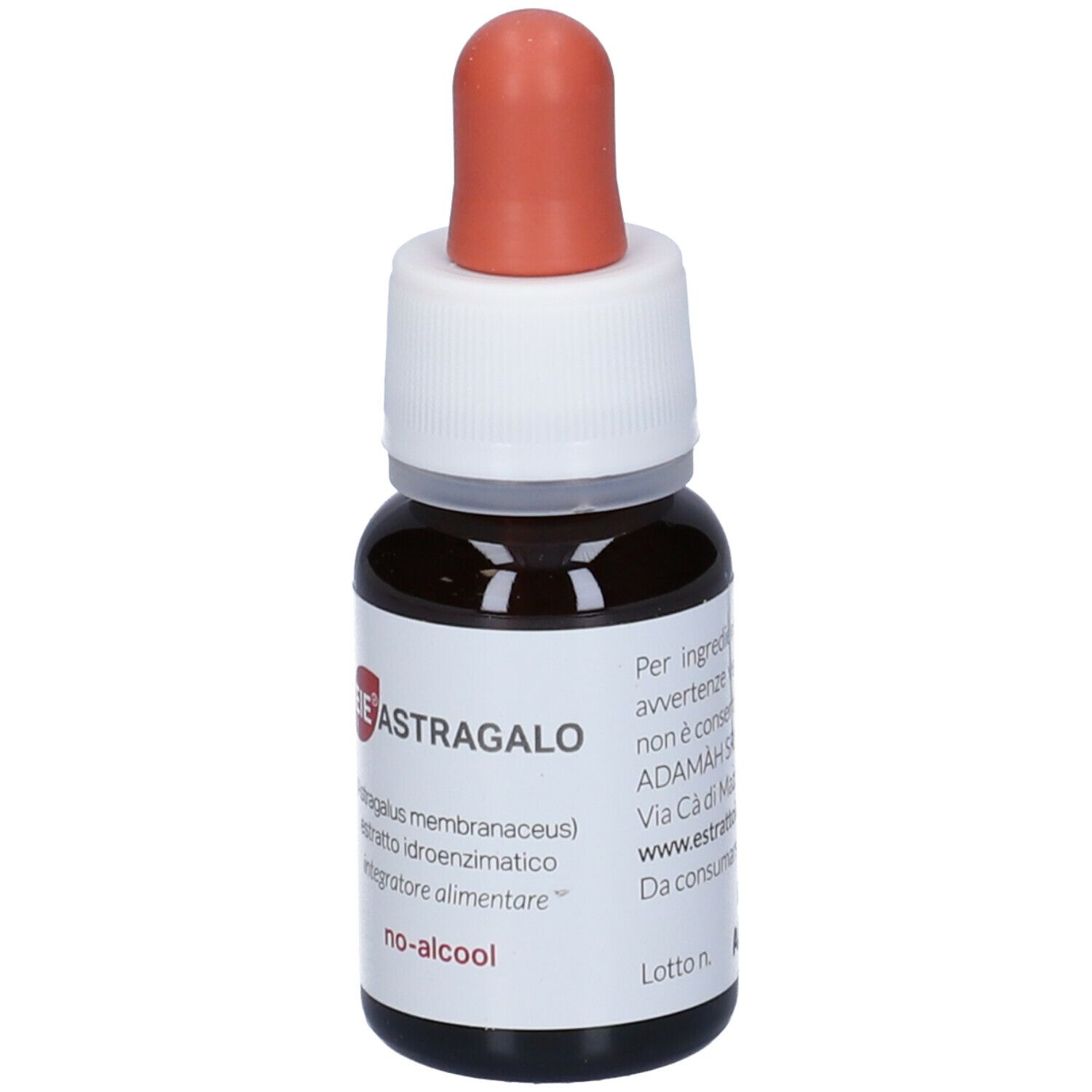 Flacon en verre brun avec compte-gouttes. Inscription: EIE Astragalo, 30 ml, SANS ALCOOL. Embout compte-gouttes rouge.