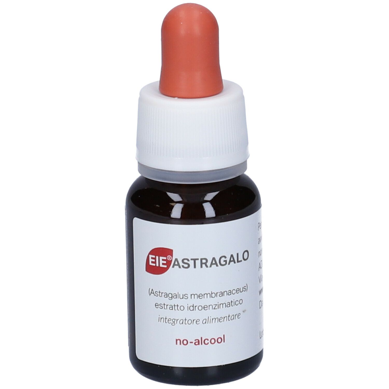 Flacon en verre brun avec compte-gouttes. Inscription: EIE Astragalo, 30 ml, SANS ALCOOL. Embout compte-gouttes rouge.