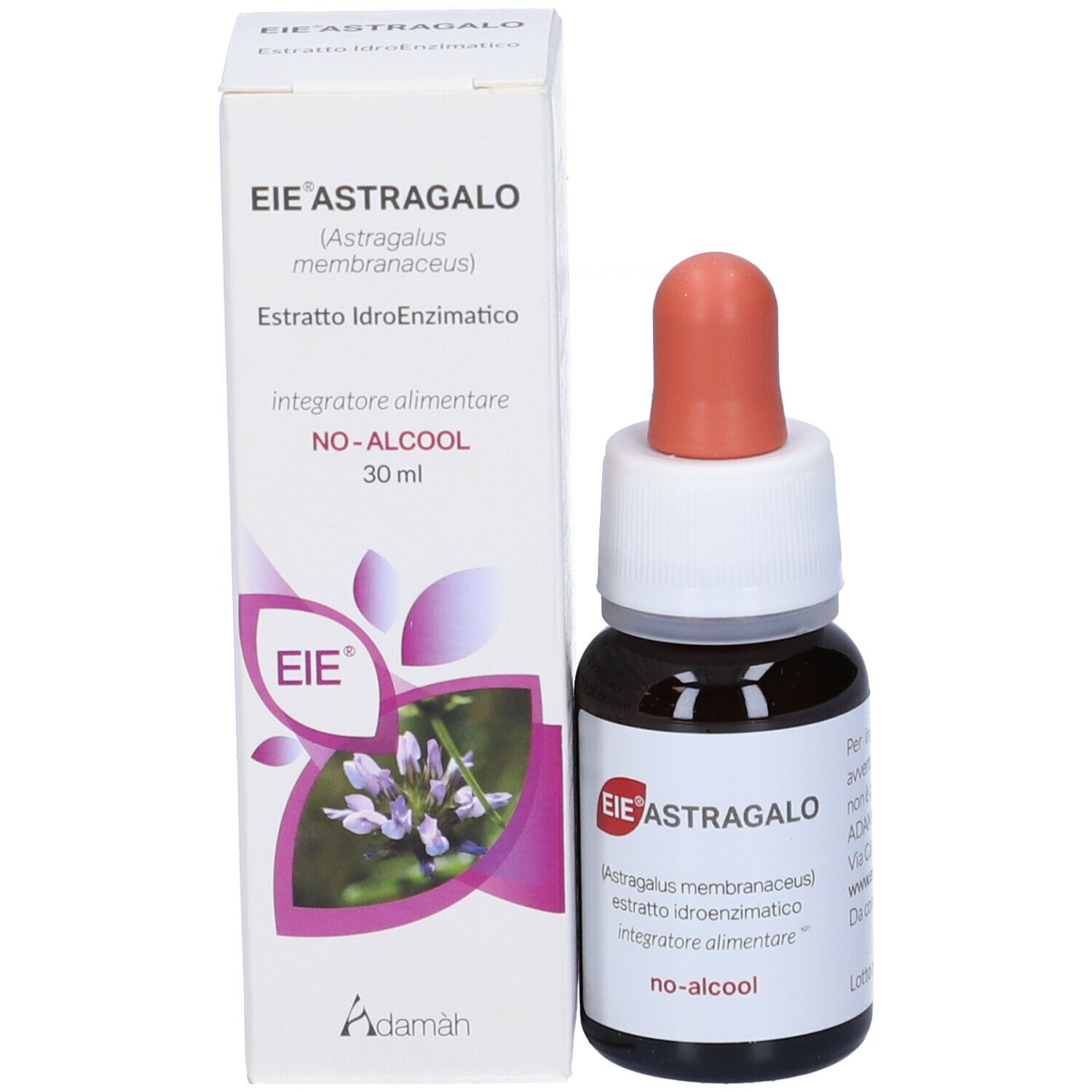 Emballage et flacon du produit. Inscription: EIE Astragalo, 30 ml, SANS ALCOOL. Flacon brun avec compte-gouttes rouge.