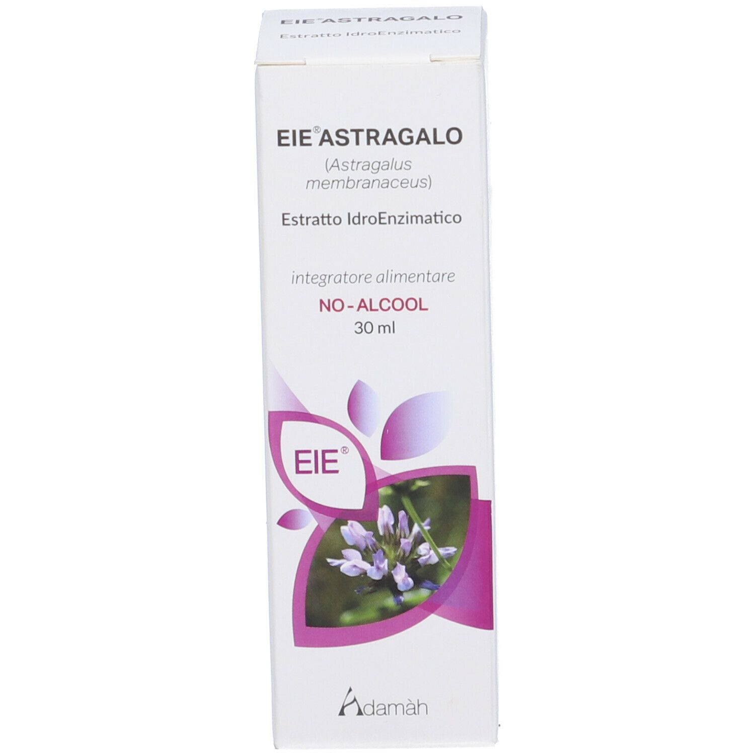 Emballage du produit. Inscription: EIE Astragalo, 30 ml, SANS ALCOOL. Illustration d'une fleur.