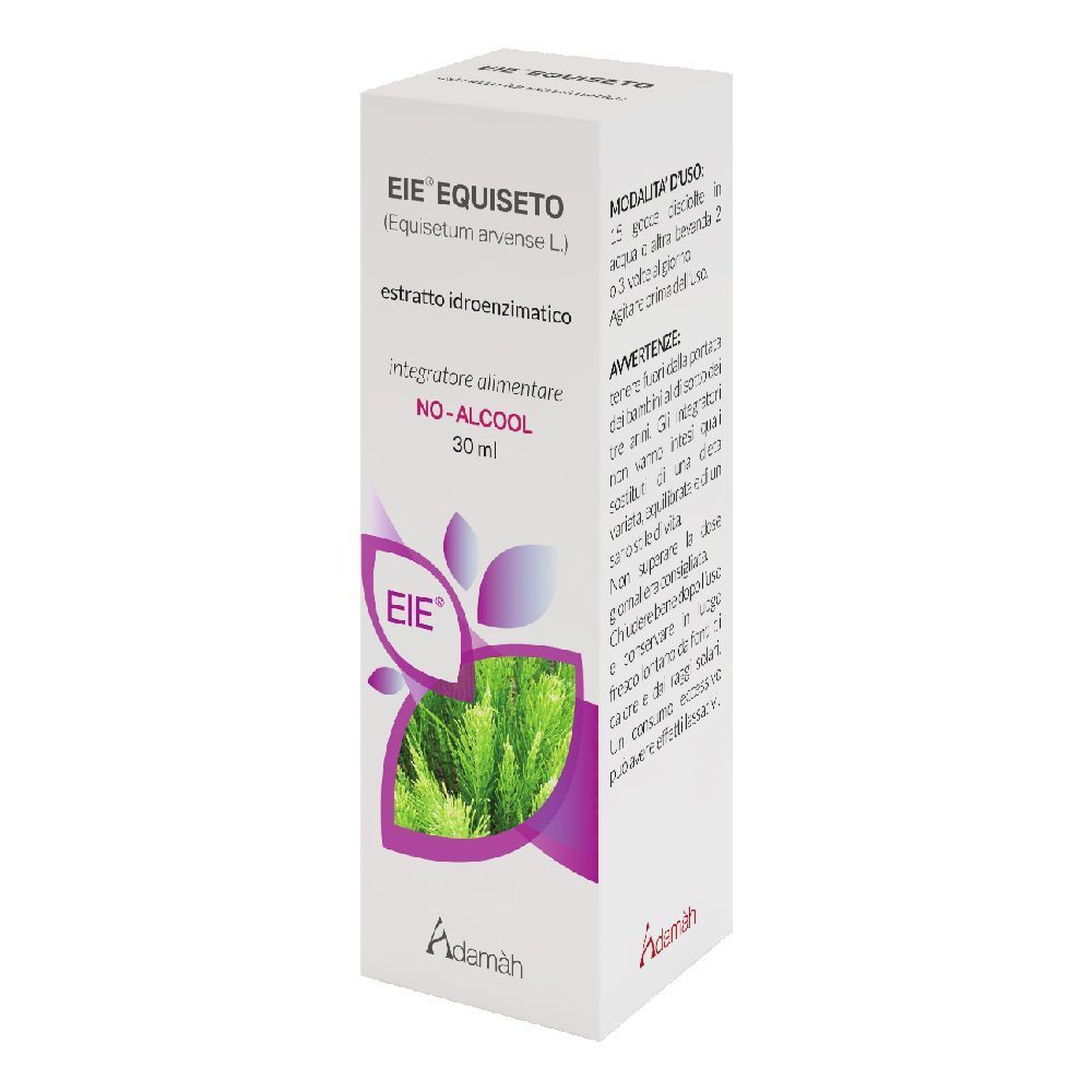 Boîte blanche avec nom du produit EIE Equiseto, informations et logo. Marque Adamàh.
