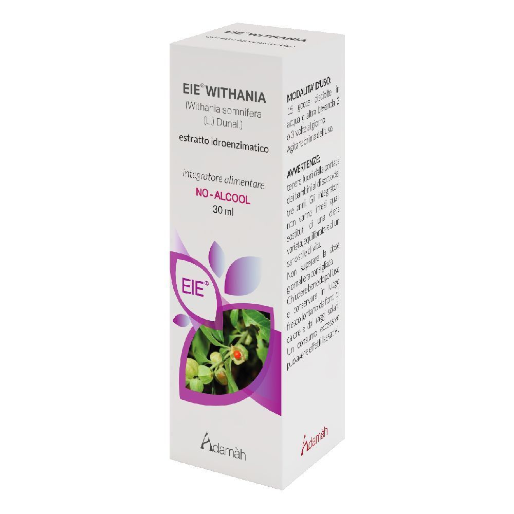 Weißer Karton mit Produktaufdrucken. Aufschrift: EIE WITHANIA, 30 ml, NO-ALCOOL. Logo und Produktabbildung.