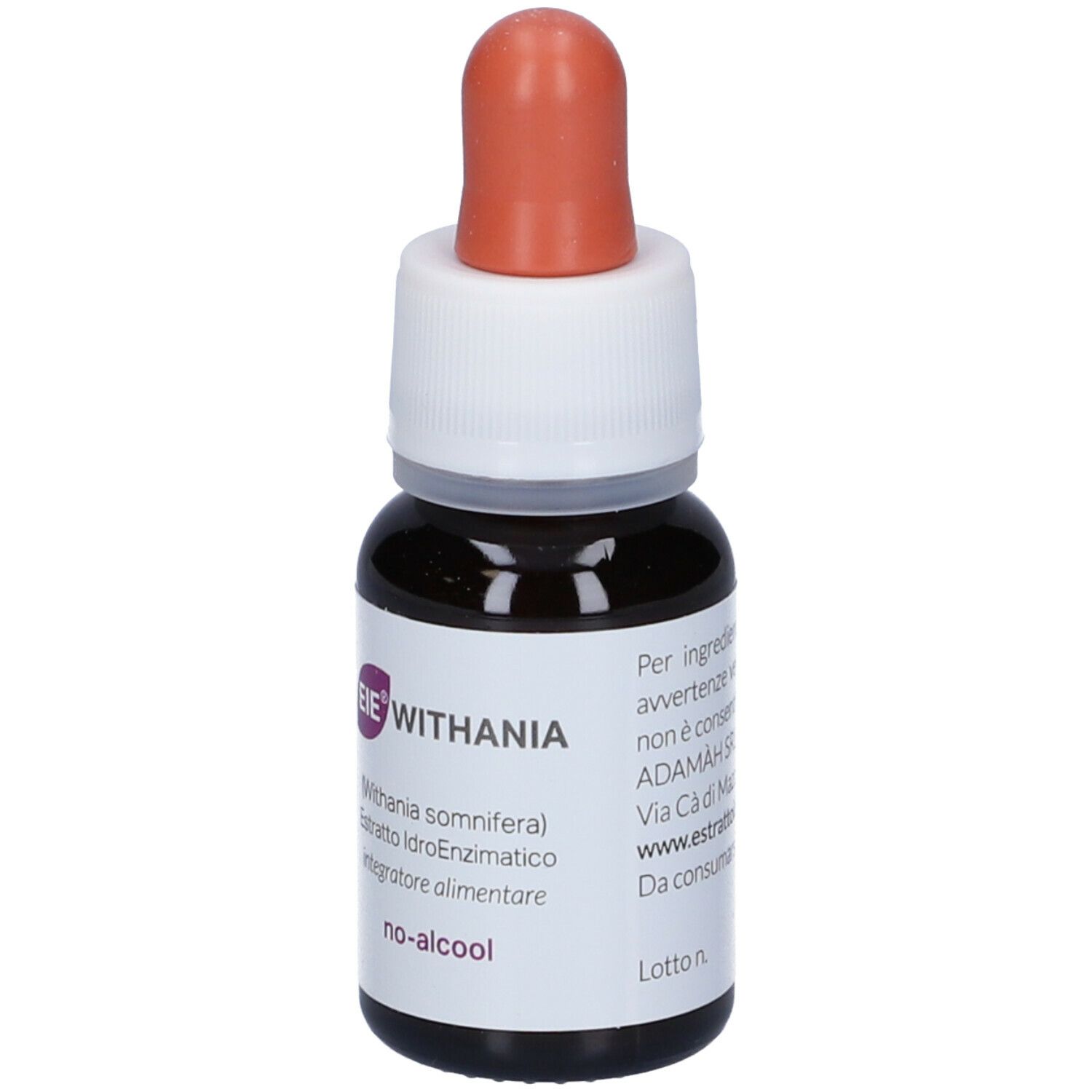 Braune Glasflasche mit weißem Etikett und Dosierer. Aufschrift: EIE WITHANIA, 30 ml, no-alcool. Orangefarbener Tropfer.