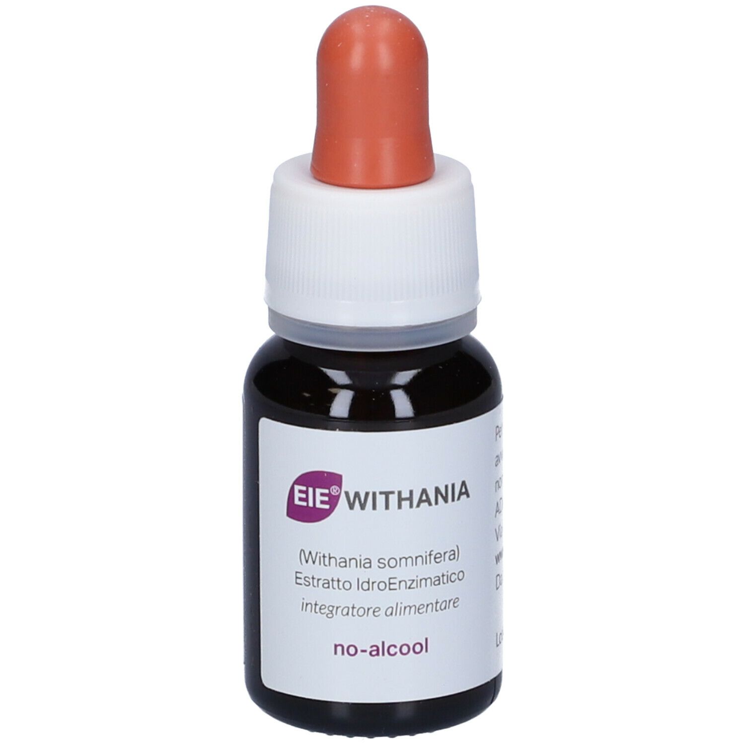 Braune Glasflasche mit weißem Etikett und Dosierer. Aufschrift: EIE WITHANIA, 30 ml, no-alcool. Orangefarbener Tropfer.