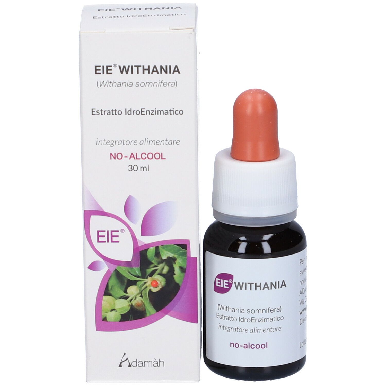 Produktflasche und Verpackung. Braune Flasche mit Dosierer, weißem Etikett. Aufschrift: EIE WITHANIA, 30 ml, no-alcool.