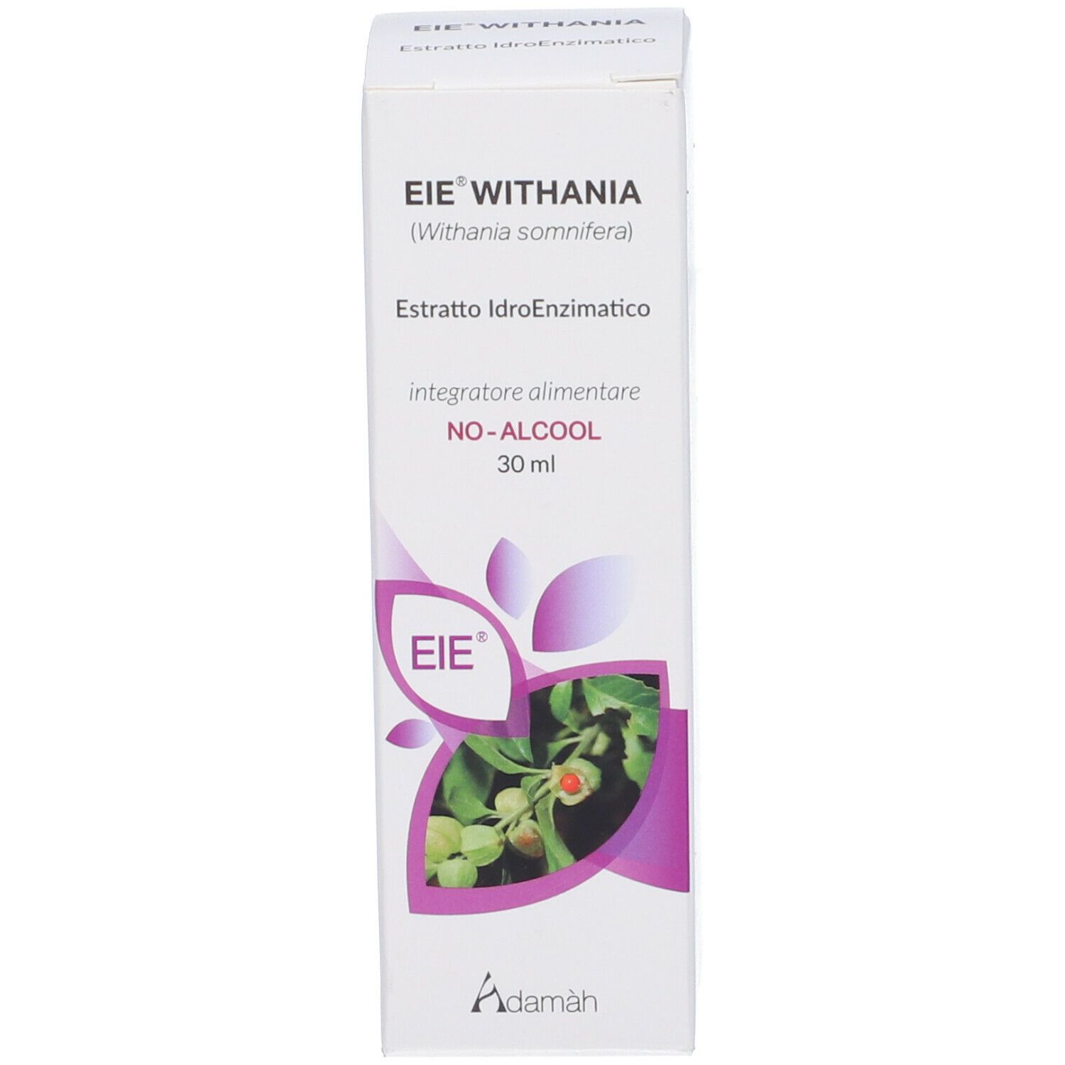 Weißer Karton mit Produktaufdrucken. Aufschrift: EIE WITHANIA, 30 ml, NO-ALCOOL. Logo und Produktabbildung.