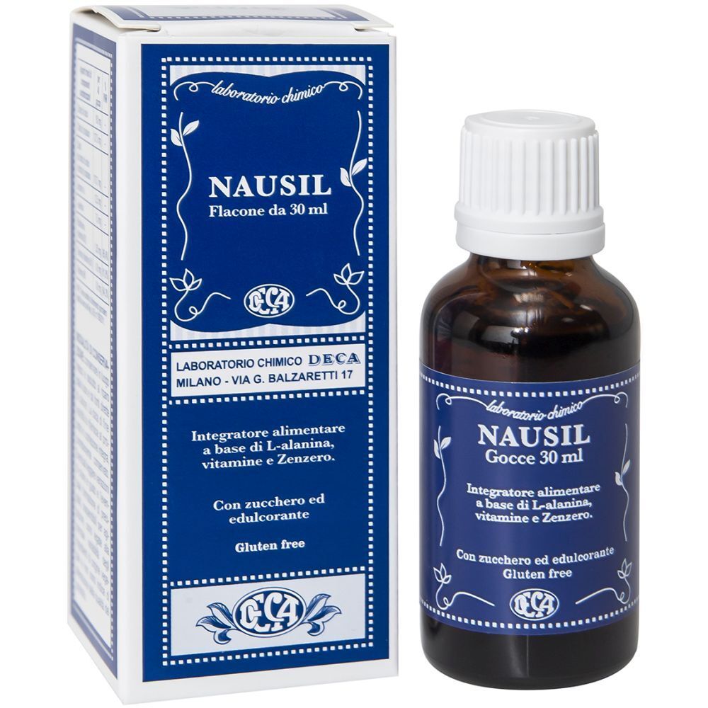 Braune Glasflasche mit weißem Deckel und blauer Beschriftung. Aufschrift: Nausil Gocce, 30 ml. Mit Inhaltsangaben und Logo.
