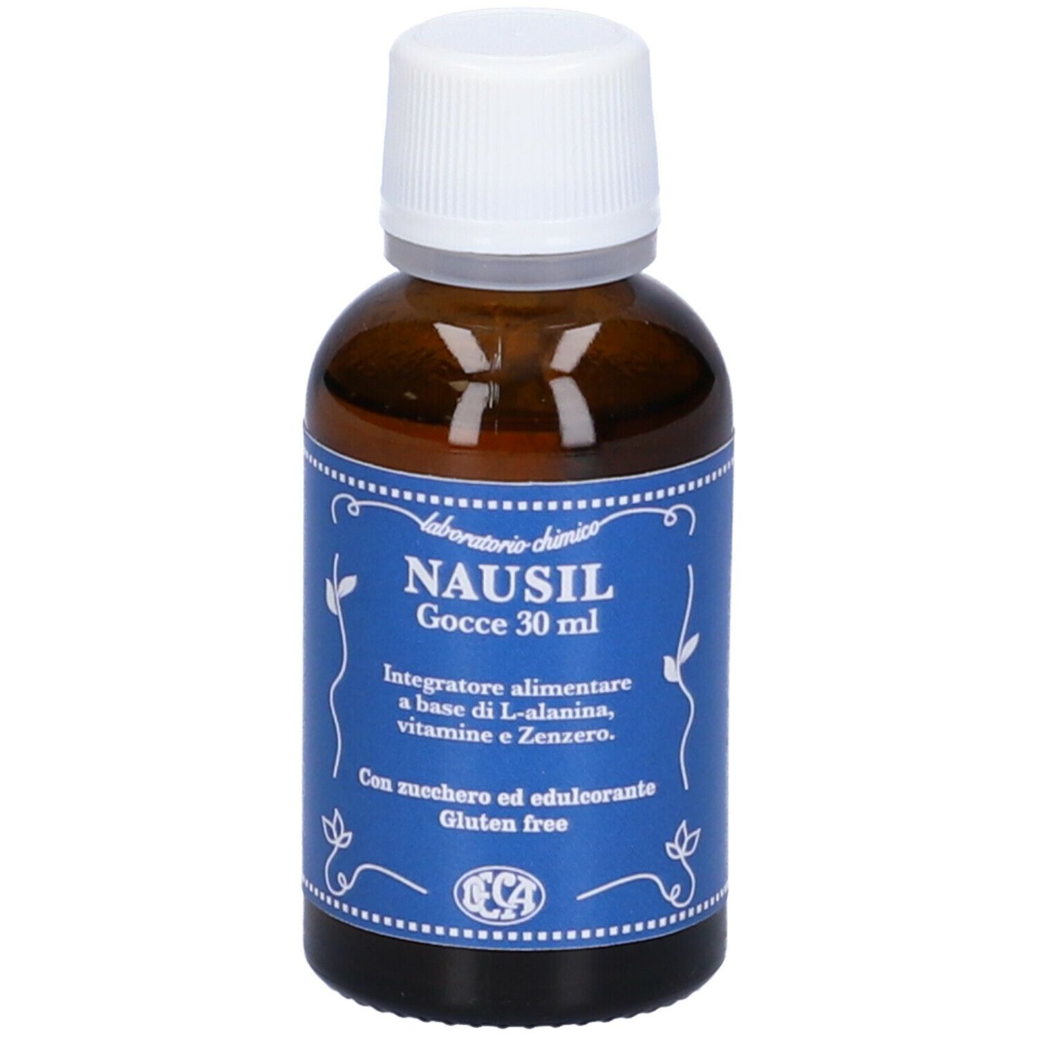 Braune Glasflasche mit weißem Deckel und blauer Beschriftung. Aufschrift: Nausil Gocce, 30 ml. Mit Inhaltsangaben und Logo.