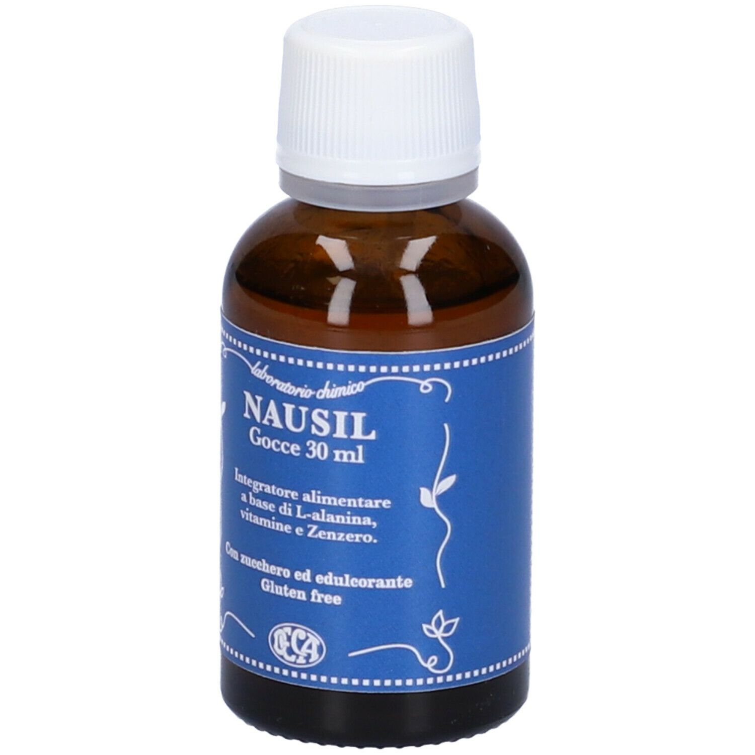 Braune Glasflasche mit weißem Deckel und blauer Beschriftung. Aufschrift: Nausil Gocce, 30 ml. Mit Inhaltsangaben und Logo.