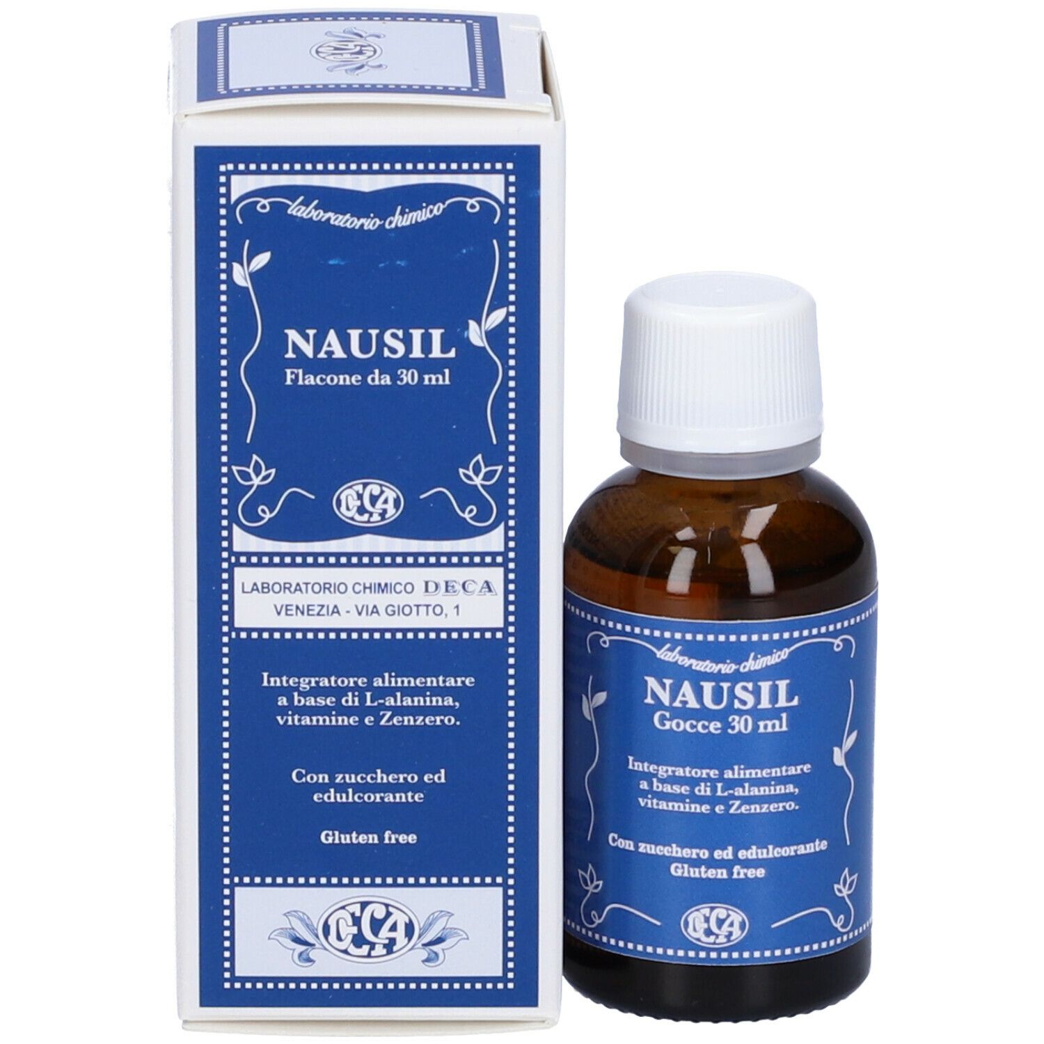 Braune Glasflasche mit weißem Deckel und blauer Beschriftung. Aufschrift: Nausil Gocce, 30 ml. Mit Inhaltsangaben und Logo. Daneben eine Schachtel.