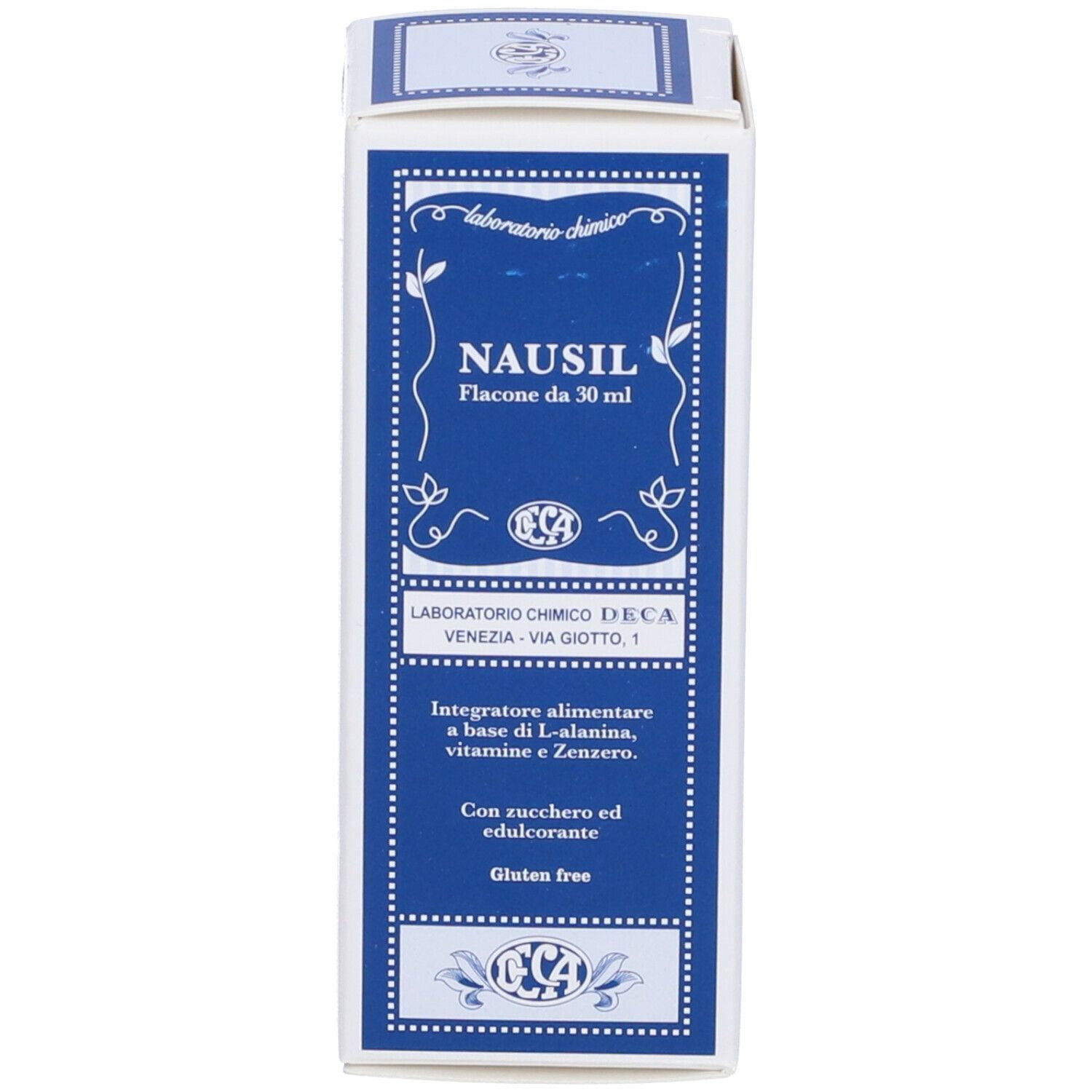 Blaue und weiße Schachtel. Aufschrift: Nausil, Flacone da 30 ml. Mit Logo und Inhaltsangaben.