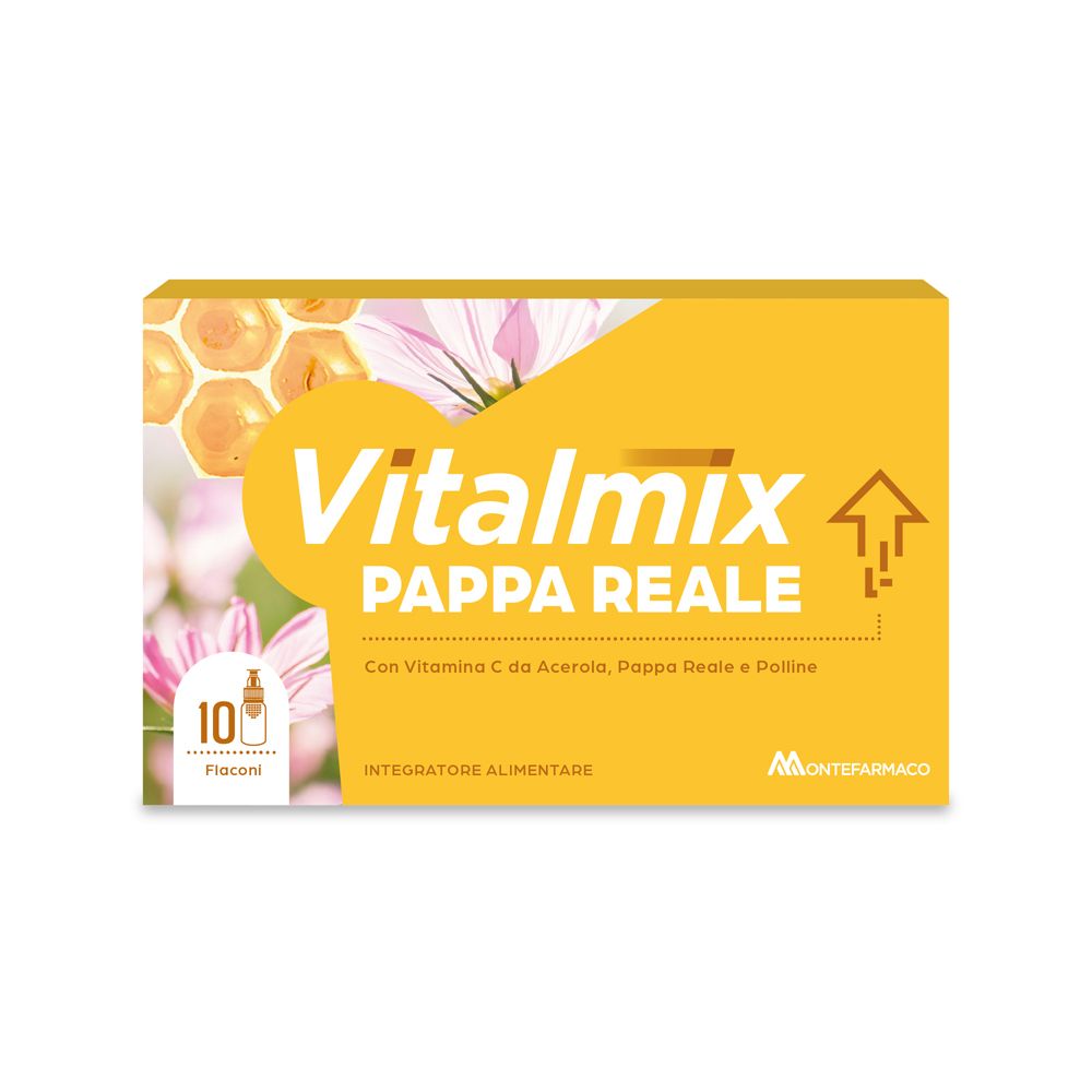 Gelbe Schachtel mit Vitalmix Pappa Reale. Produktname und Logo. 10 Fläschchen-Symbol. Hintergrund mit Blüten.